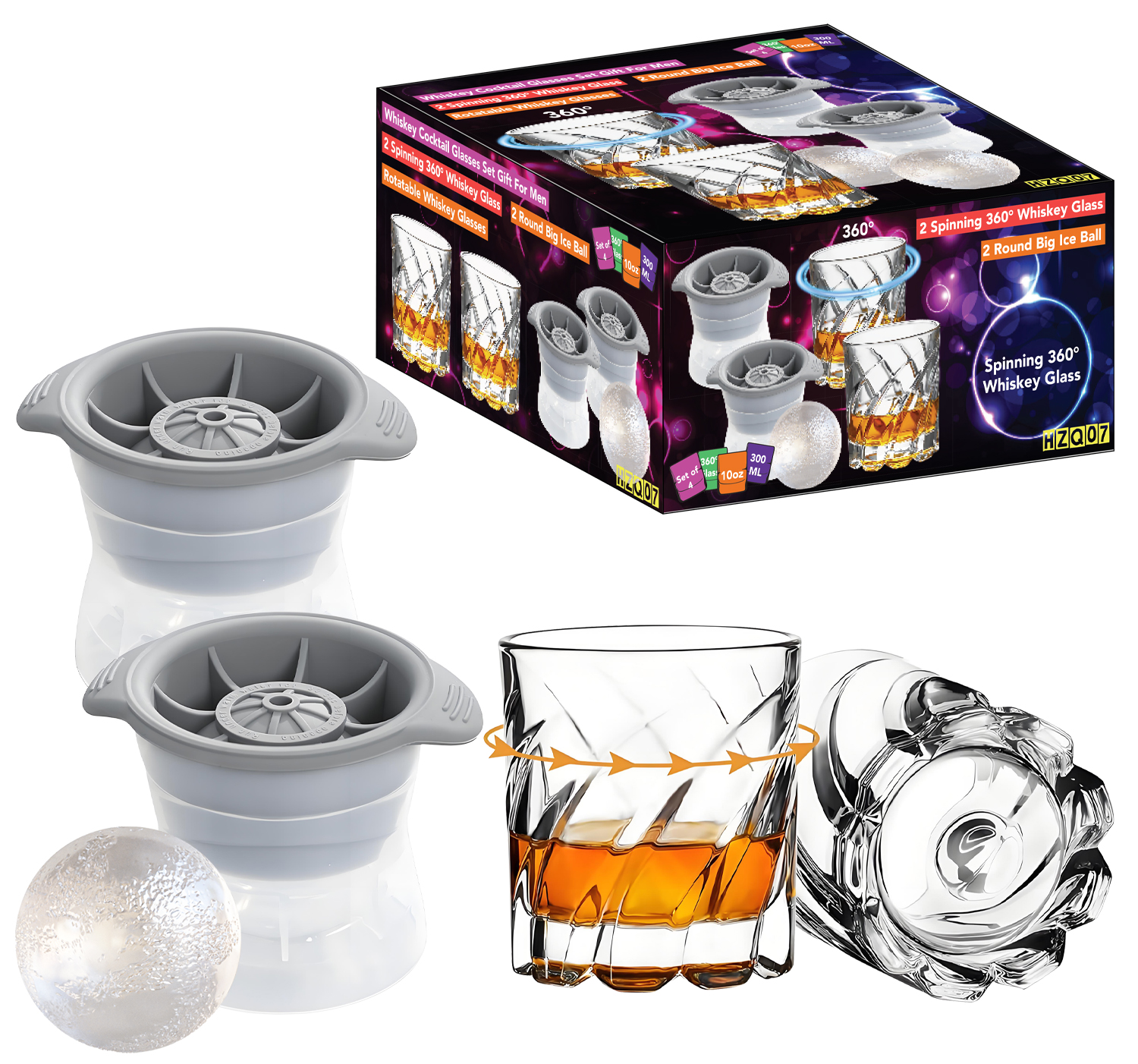 2 Spherical Ice Molds + 2 Whiskey Glasses