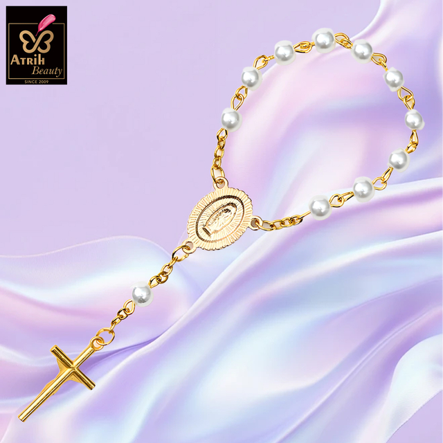 Pearl Beaded Rosary Bracelet with Gold Plated Cross And Saint Medallion