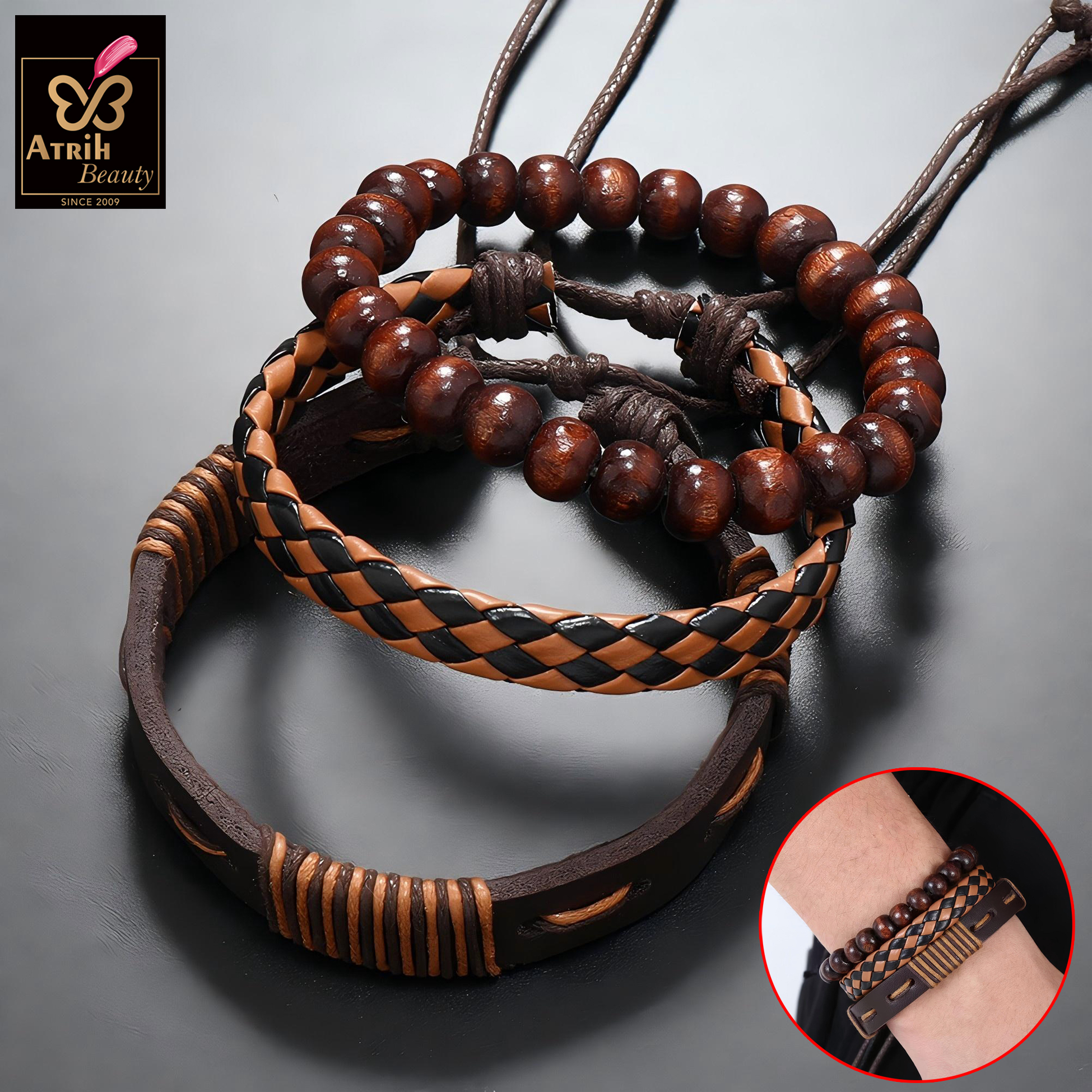 Handmade Wooden Bead And PU Bracelet
