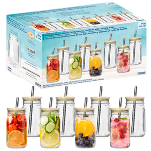 Set of 8 Mason Jar Style Glass SUS Straw with Bamboo & Tin Lids