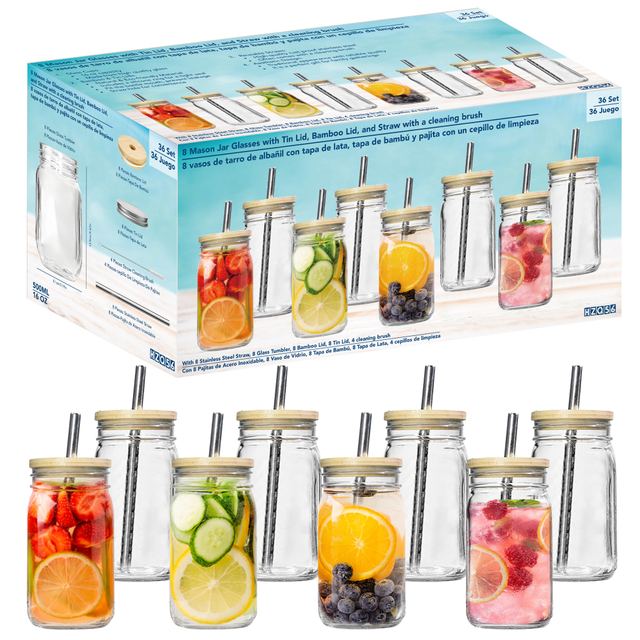 Set of 8 Mason Jar Style Glass SUS Straw with Bamboo & Tin Lids