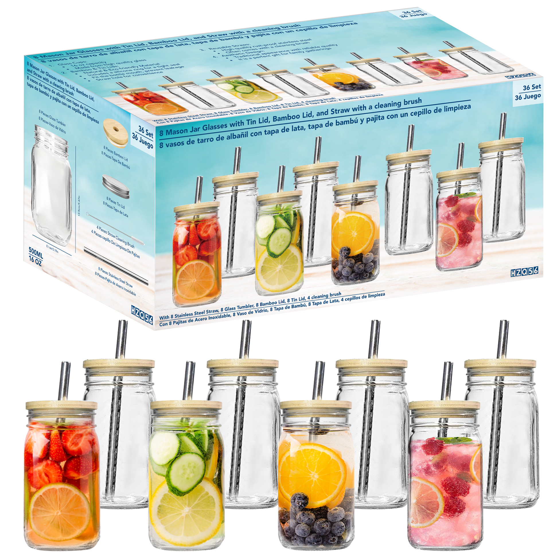 Set of 8 Mason Jar Style Glass SUS Straw with Bamboo & Tin Lids