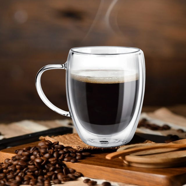 250ml/300ml/400ml Double Wall Clear Glass Coffee Mug With Handle