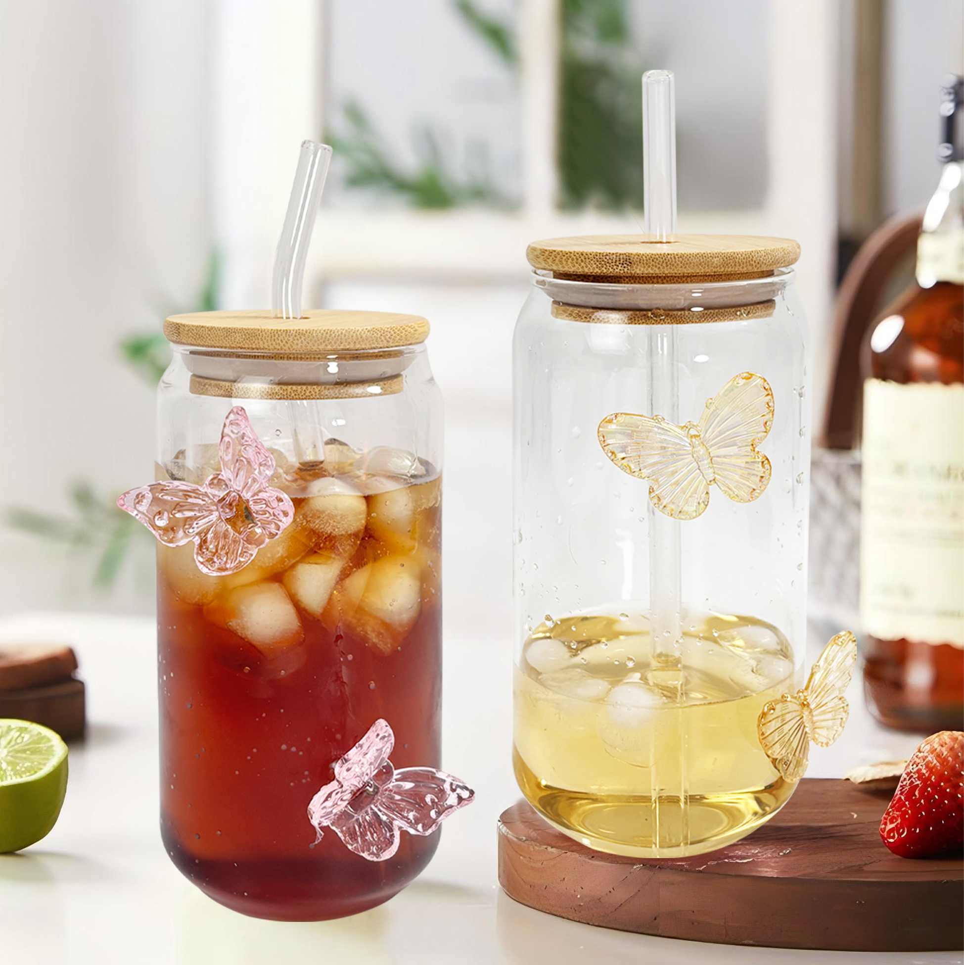 Butterfly Decor Glass Tumbler Set with Bamboo Lids & Straws