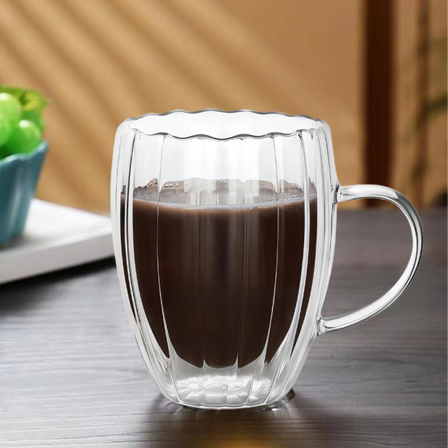 230ml/350ml Double Walled Ribbed Glass Mug with Handle
