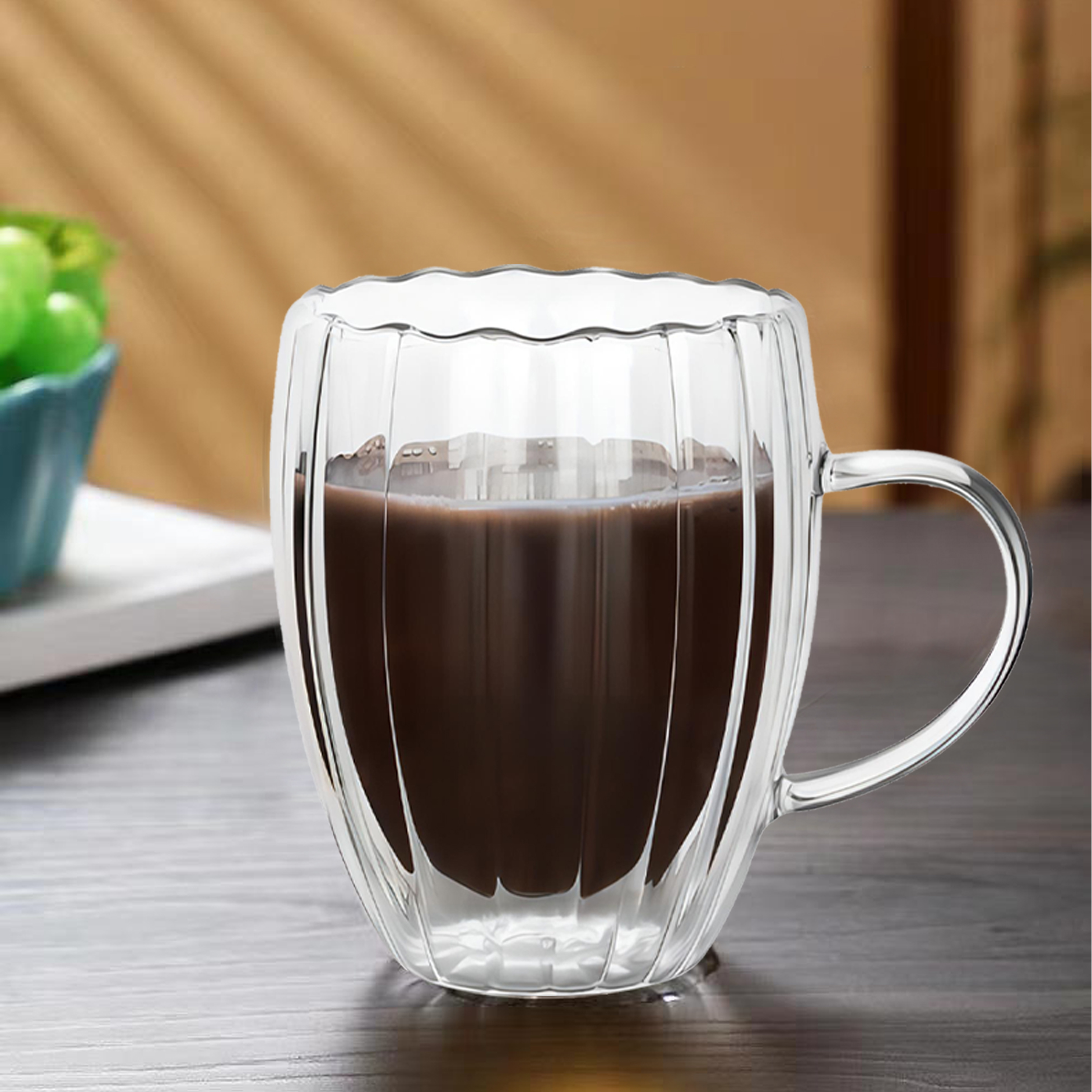 230ml/350ml Double Walled Ribbed Glass Mug with Handle