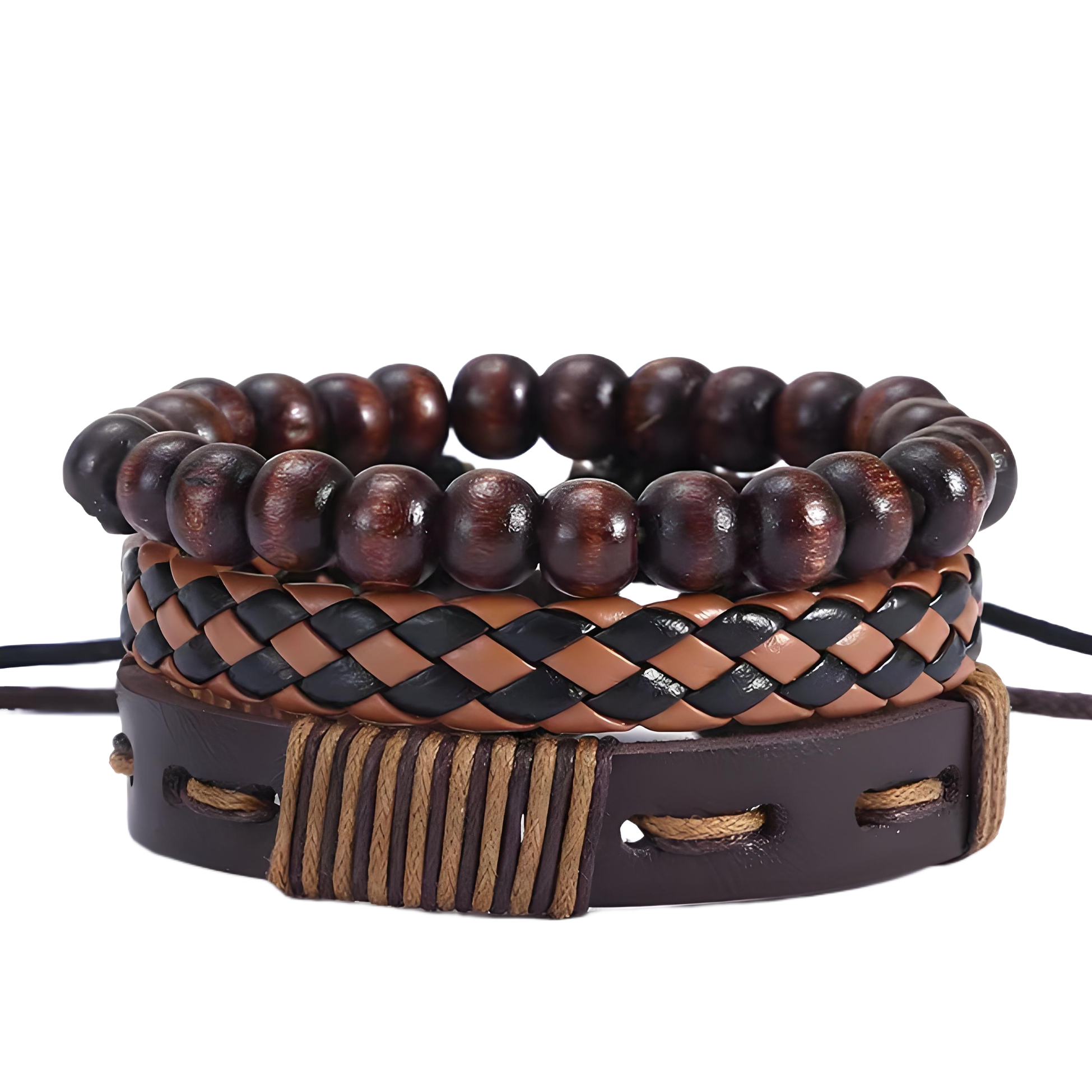 PU & Wood Bead Bracelet Set