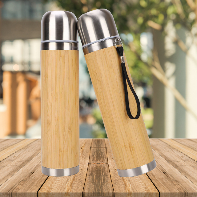 450ml Bamboo Shell Water Bottle Stainless Steel Insulated Vacuum Bullet Shape Outdoor Travel Flask Bamboo Thermos 