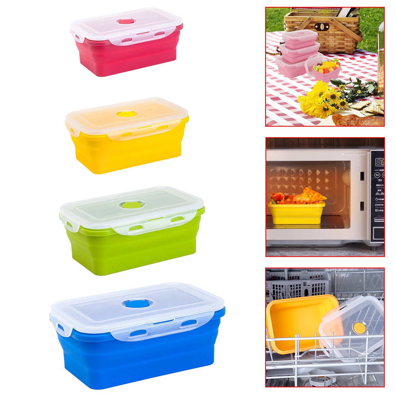 Silicone Folding Lunch Box with Lid 350ML/500ML/800ML/1200ML 4-piece Set Silicone Square Portable Folding Lunch Box