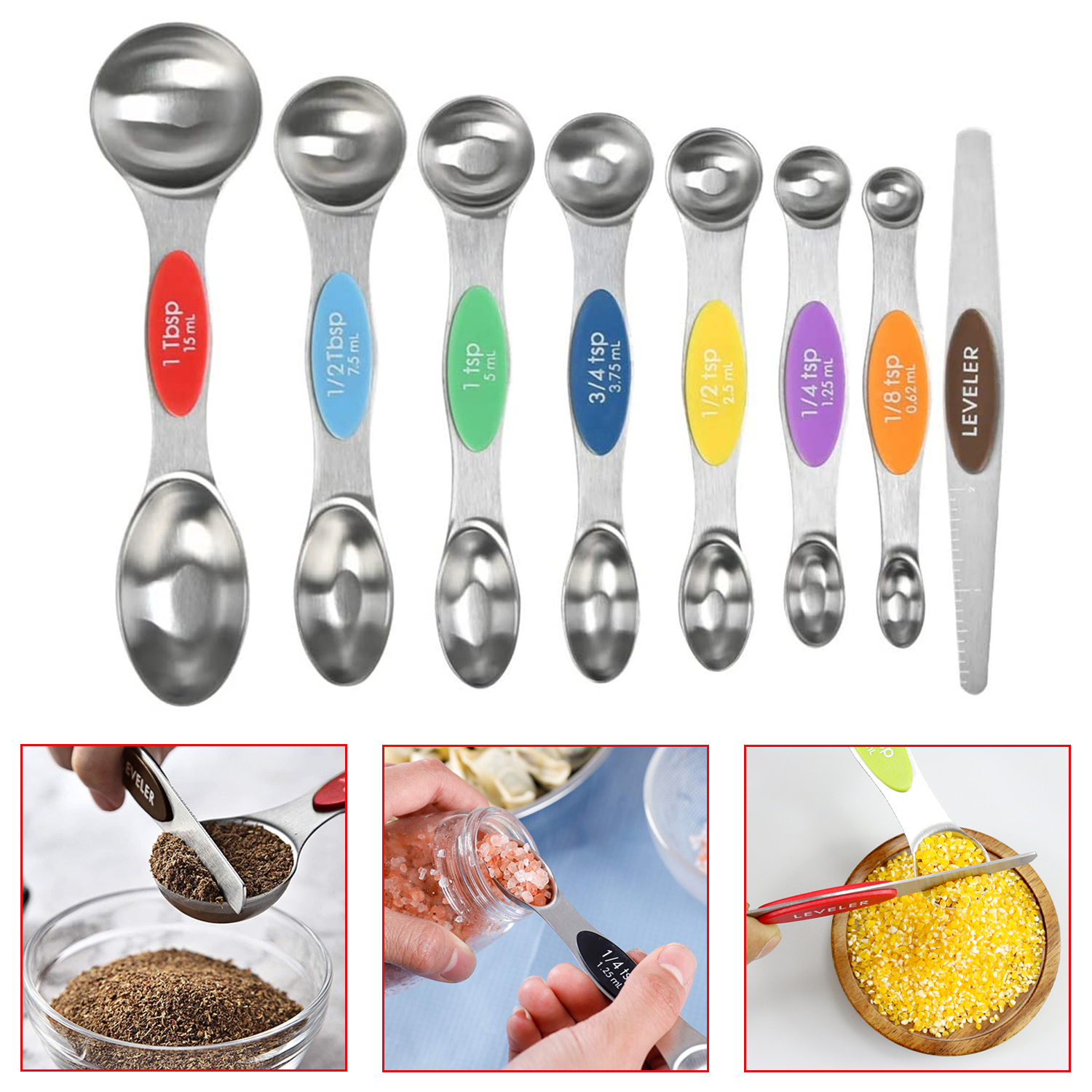 8 PCS Stainless Steel Double Headed Measuring Spoon Leveler Set For Baking With Magnetic Multicolor
