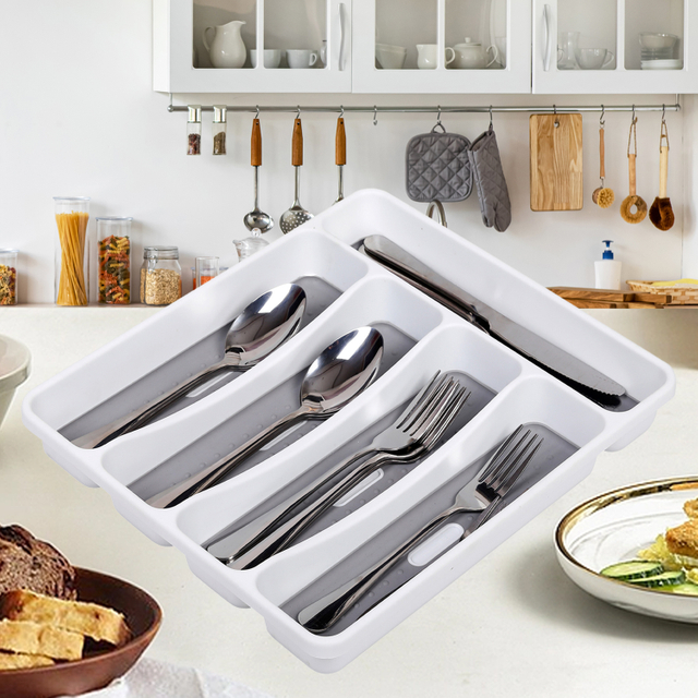 Cutlery Storage Tray Large Silverware Tray 5 Compartments Kitchen Drawer Organizer with Soft-Grip Lining And Non-Slip Rubber Feet