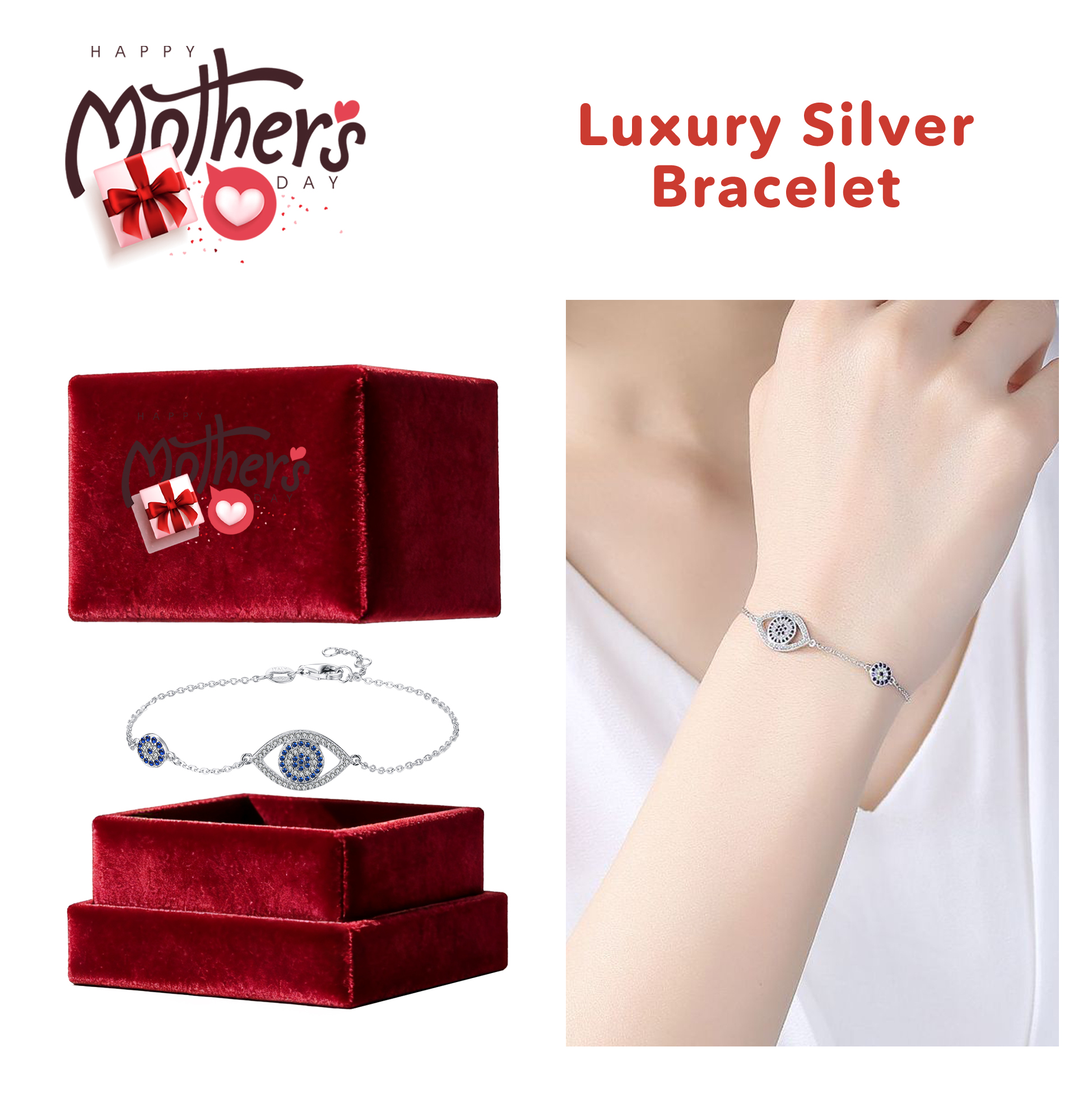 Mother's Day Evil Eye Silver Bracelet 16+3cm Adjustable Silver Evil Eye Bracelet
