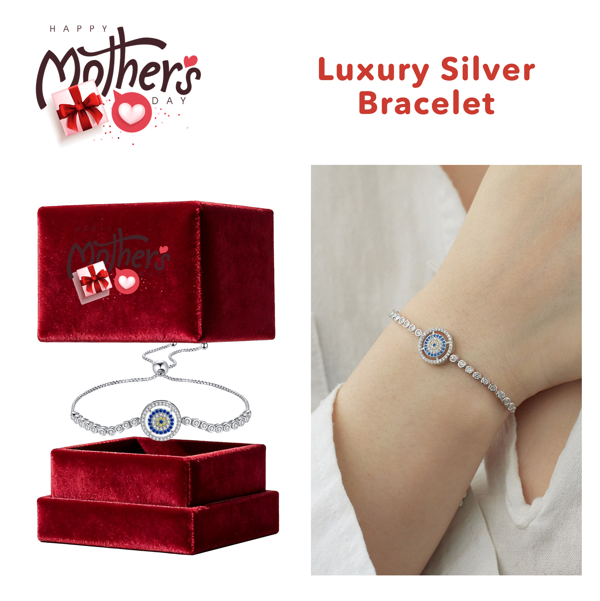 Mother's Day Evil Eye Silver Bracelet Luxury 23cm Sliding Knot Silver Bracelet