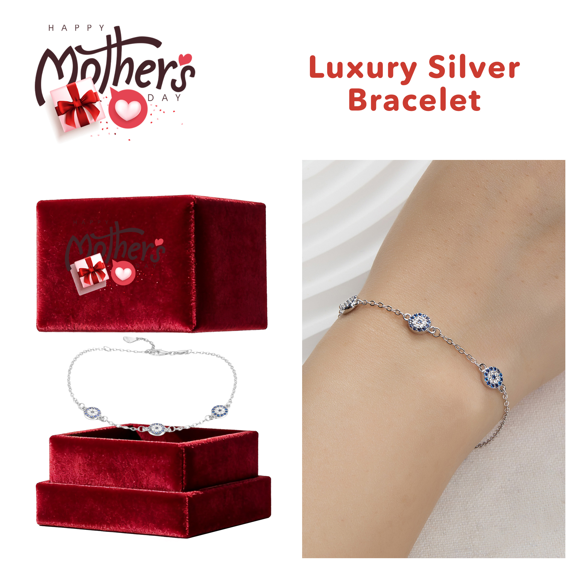 Mother's Day Evil Eye Silver Bracelet Adjustable Silver Evil Eye Bracelet