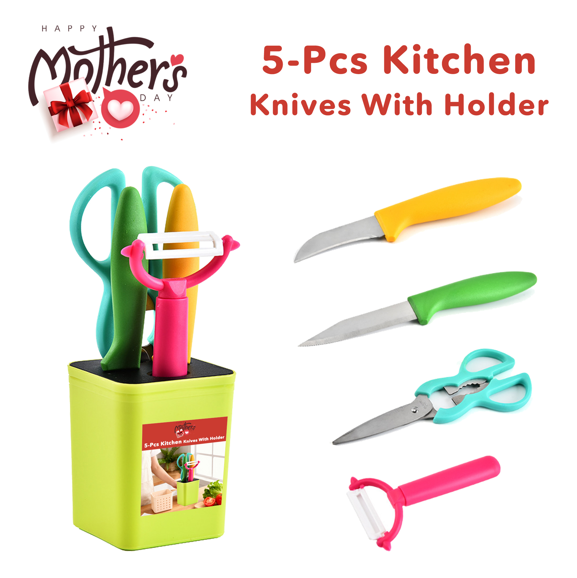5-pcs Colorful Kitchen Knife Set with Holder