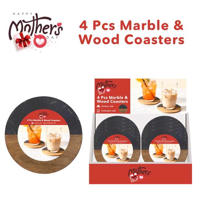 4-pcs Round Marble & Wood Coasters Set