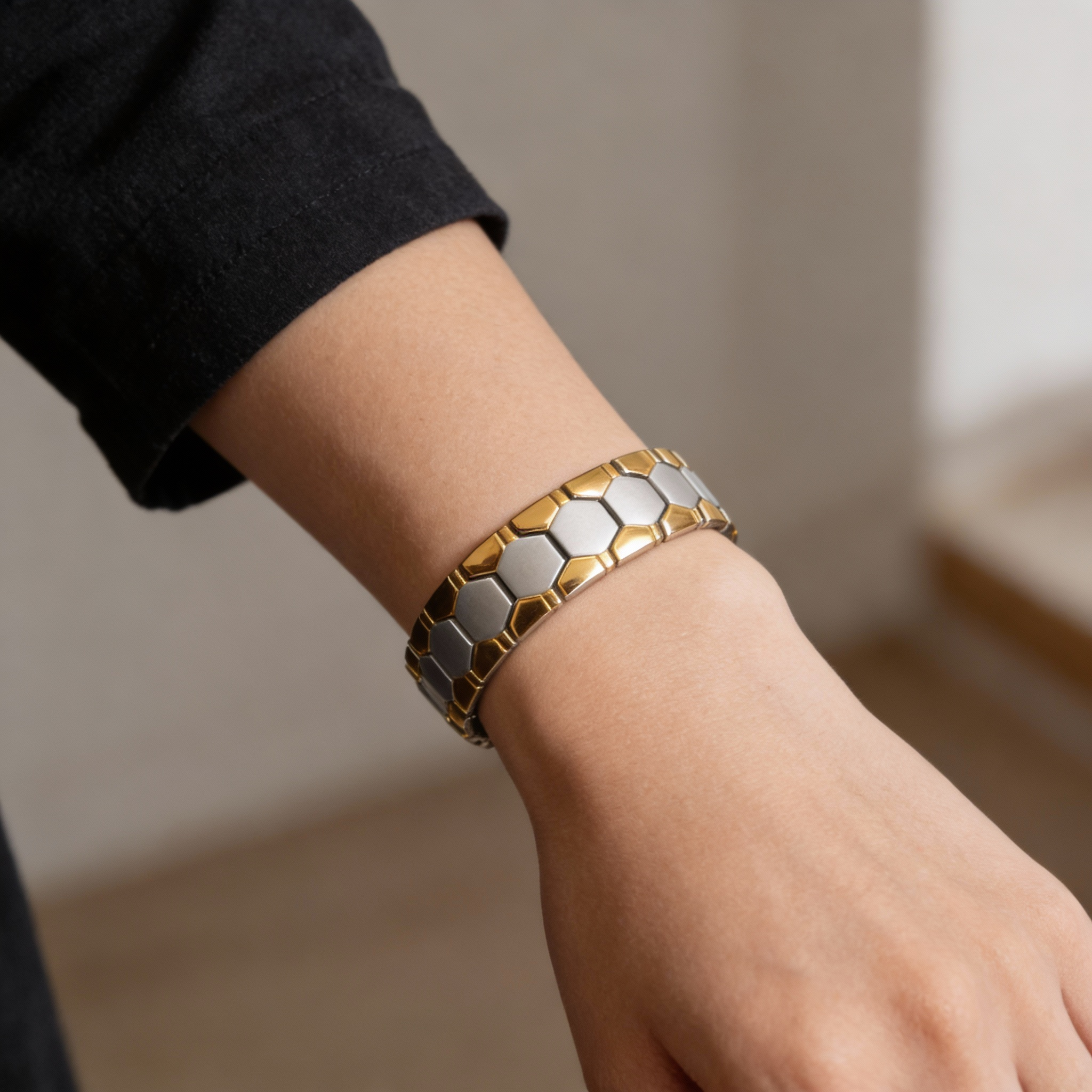 KAMALOOK Two-tone (gold-silver) Hexagonal Magnetic Bracelet