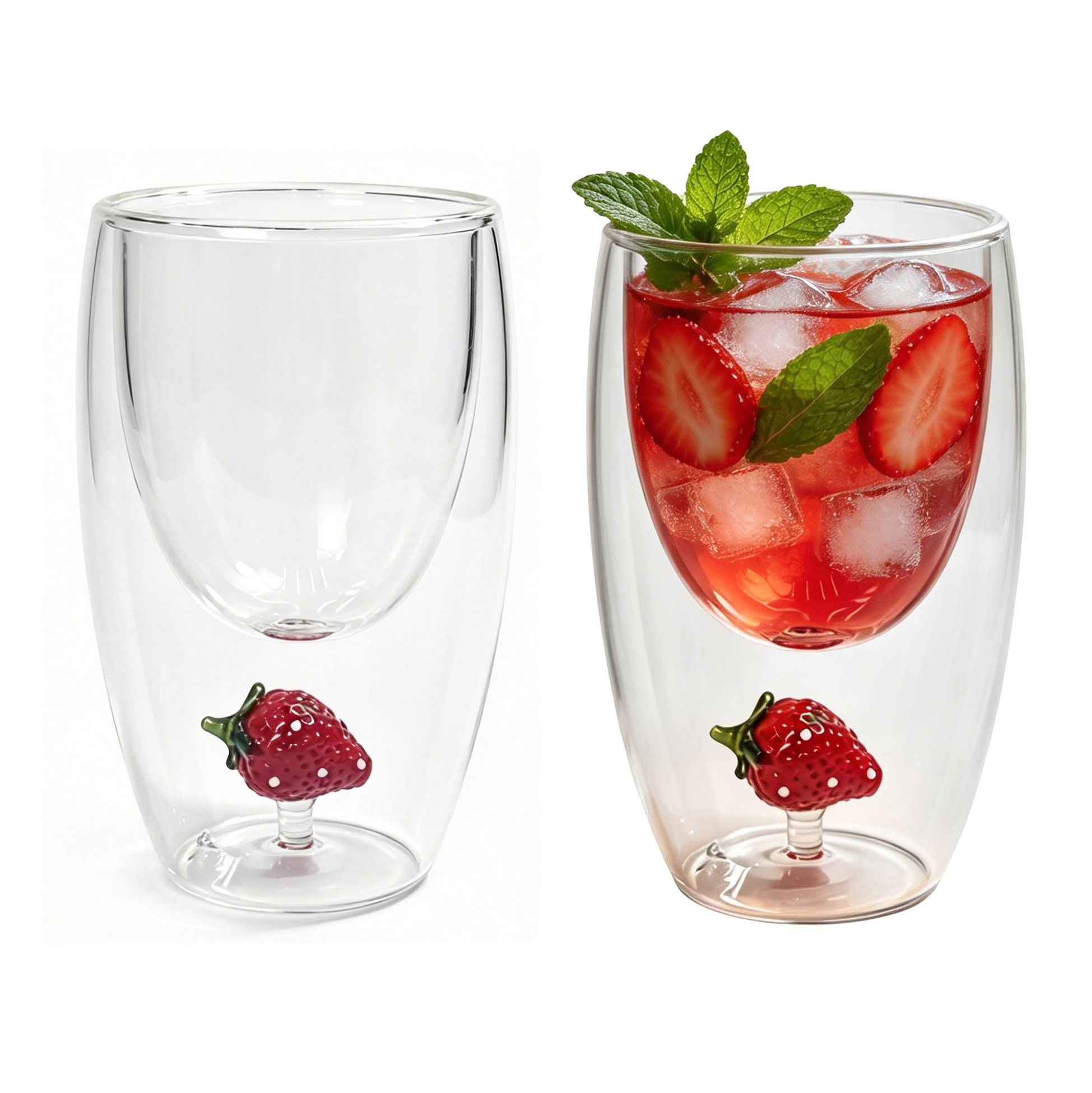 Set of 2 300ml Strawberry Double Wall Glass Cups