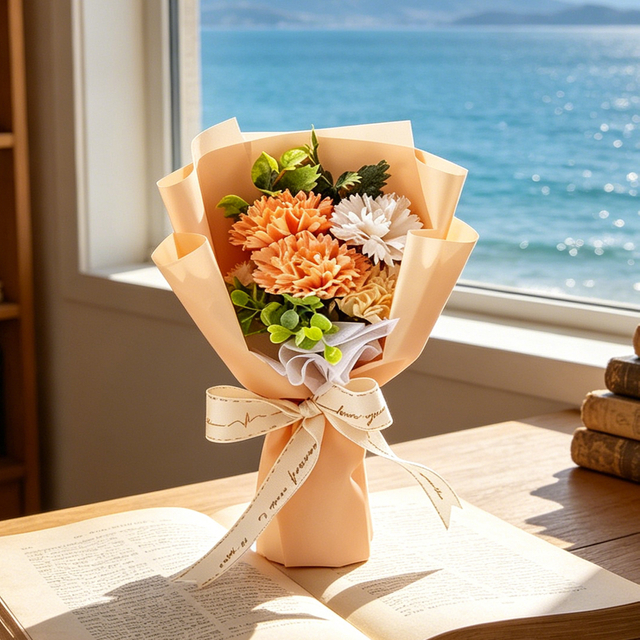 Peach Orange Artificial Carnation Flower Bouquet with Gift Box