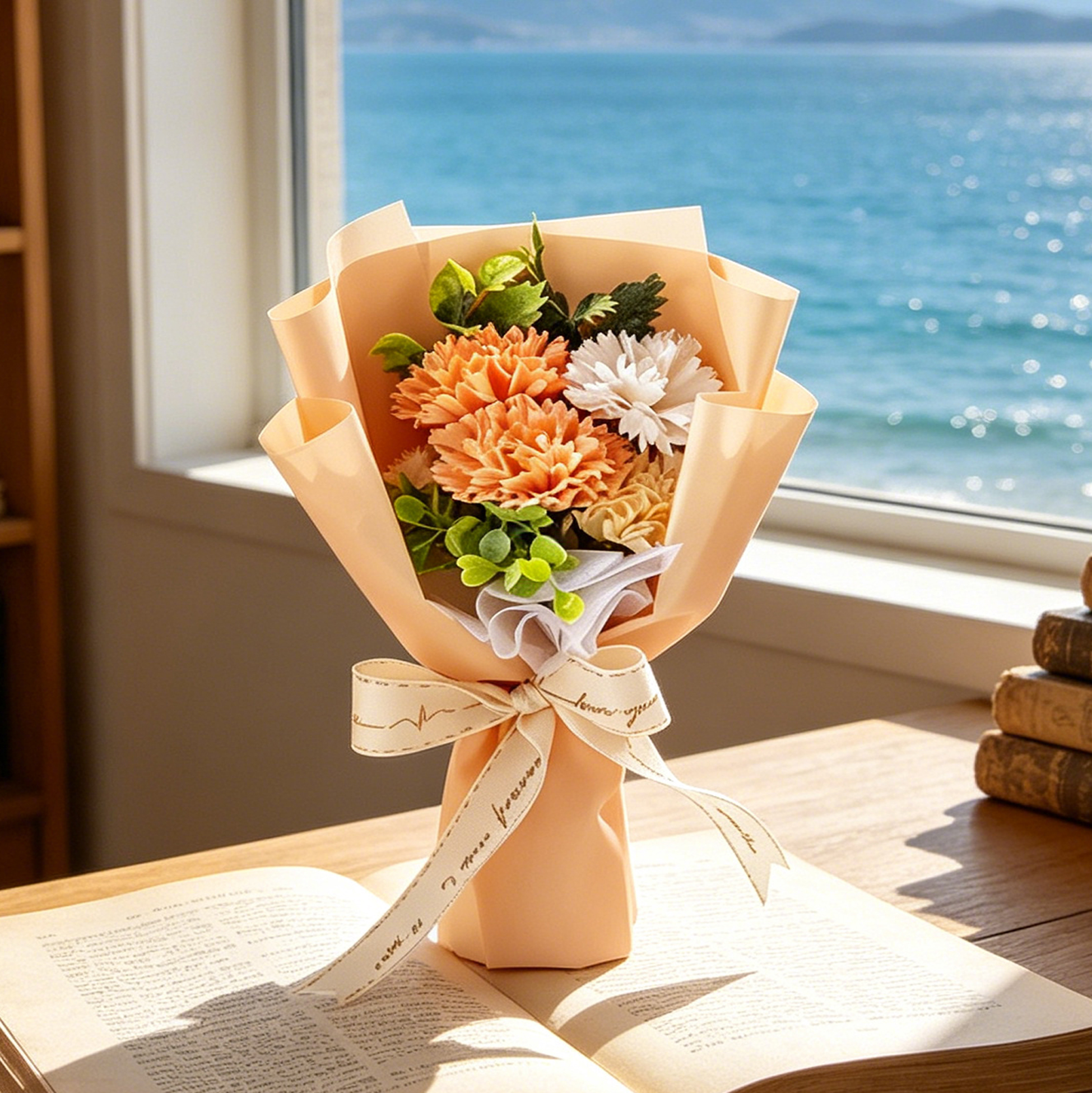 Peach Orange Artificial Carnation Flower Bouquet with Gift Box