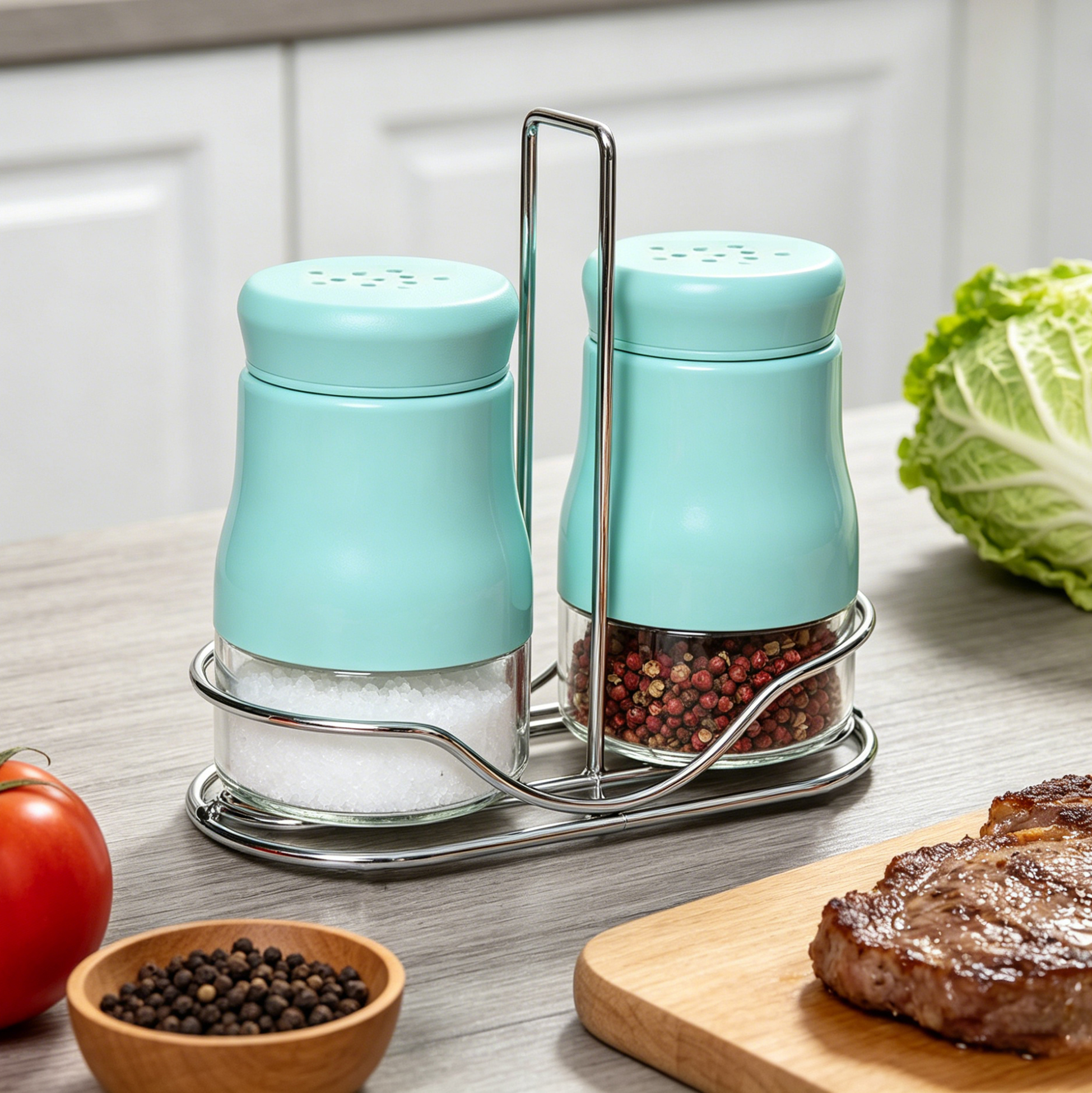 Turquoise Salt And Pepper Shakers Set with Stand