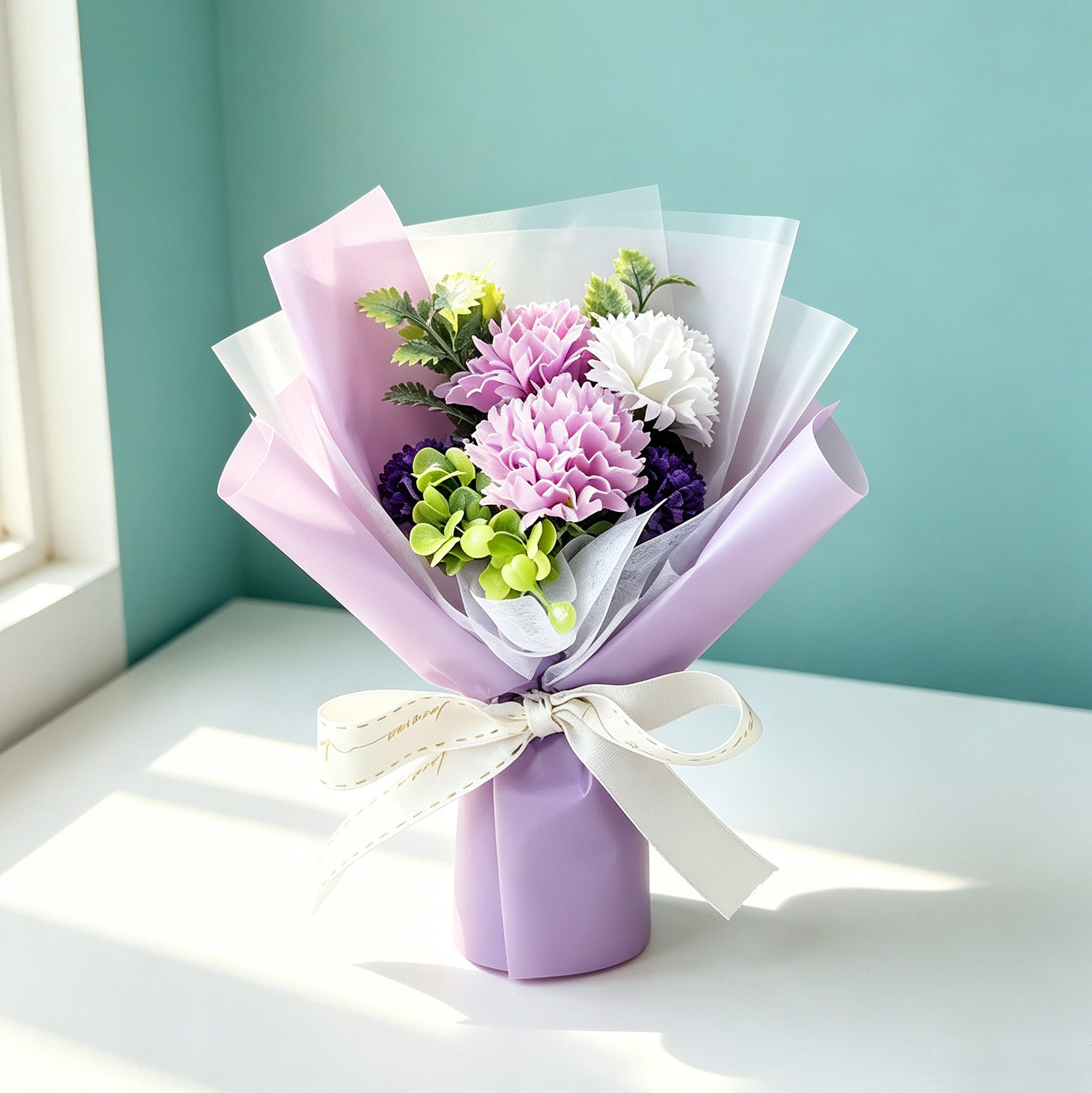 Purple Artificial Carnation Flower Bouquet with Gift Box