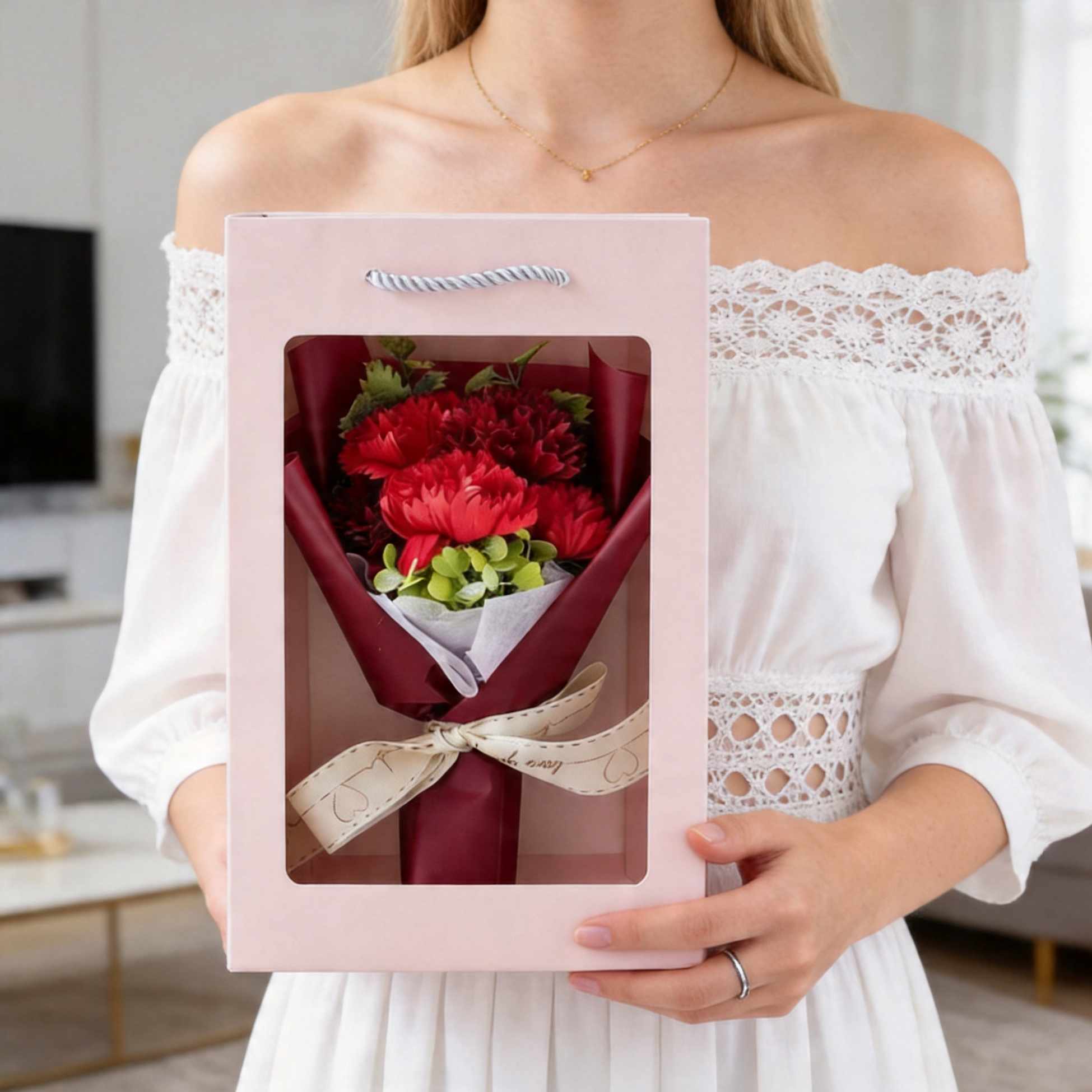 Artificial Red Carnation Flower Bouquet with Gift Box
