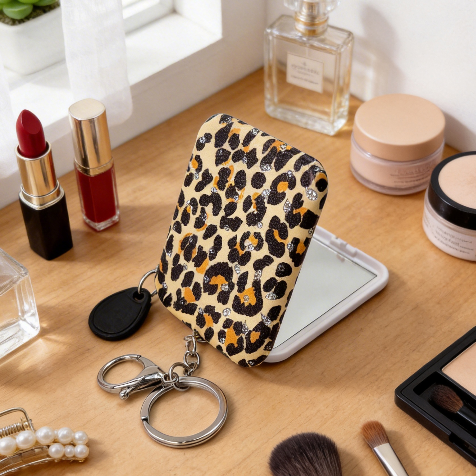 Rhinestone Leopard Print Compact Mirror
