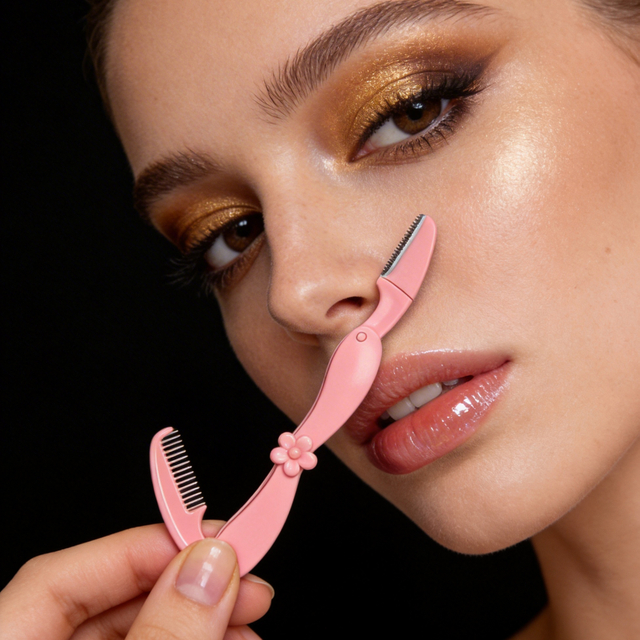 2-in-1 Foldable Eyebrow Razor & Comb Tool with Cute Flower Design