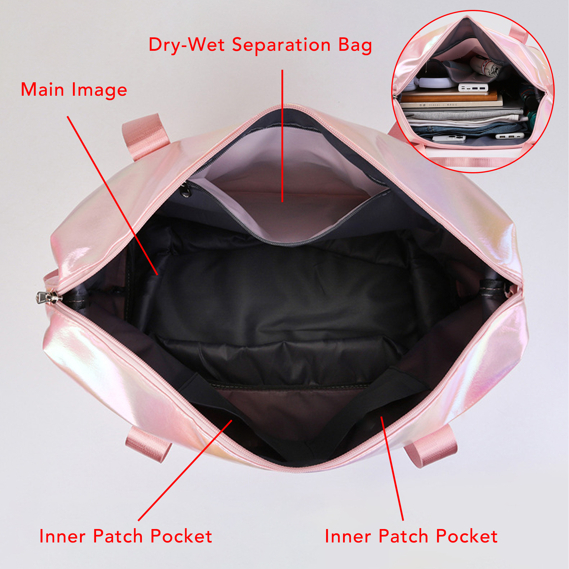 Holographic Gym Tote Bag, 41L Waterproof Iridescent Sports Travel Duffle Bag