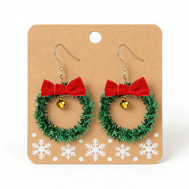 Green Tinsel Wreath Drop Earrings with Red Velvet Bow and Jingle Bell