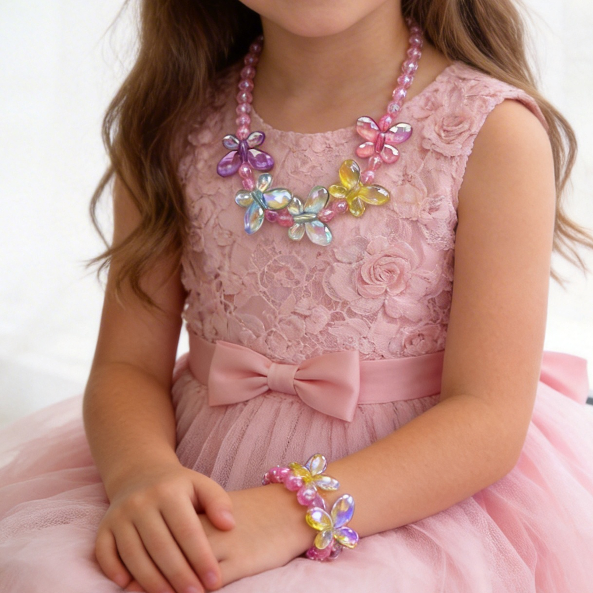 Kids Colorful Butterfly Beaded Necklace And Bracelet Set