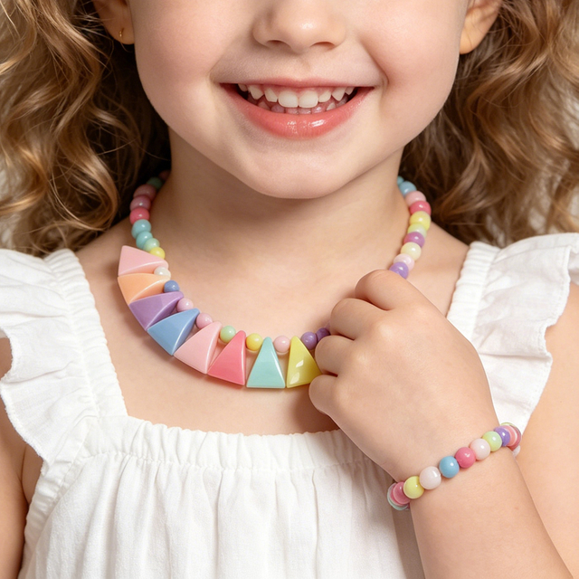 Kids Pastel Triangle Beaded Necklace And Bracelet Set