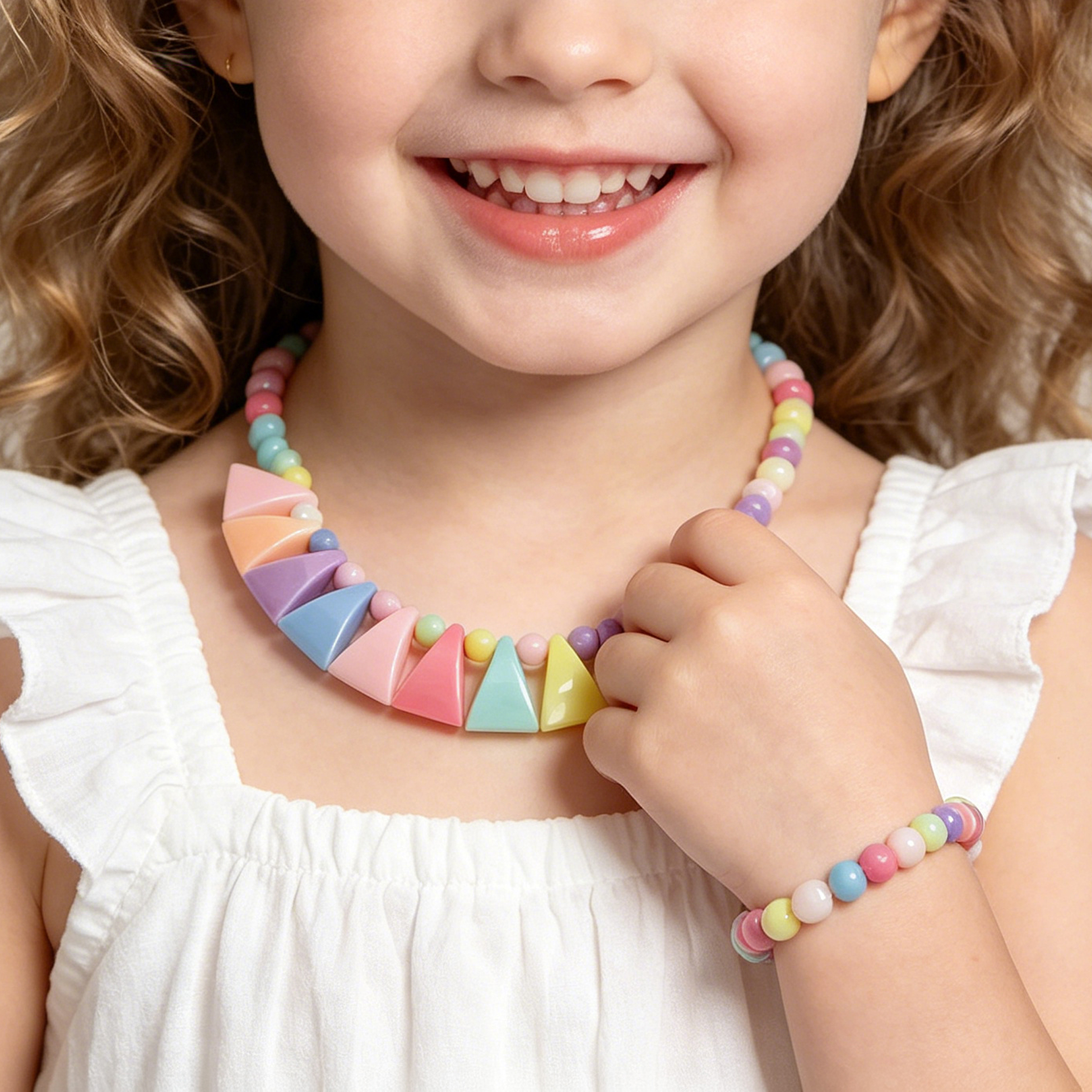 Kids Pastel Triangle Beaded Necklace And Bracelet Set