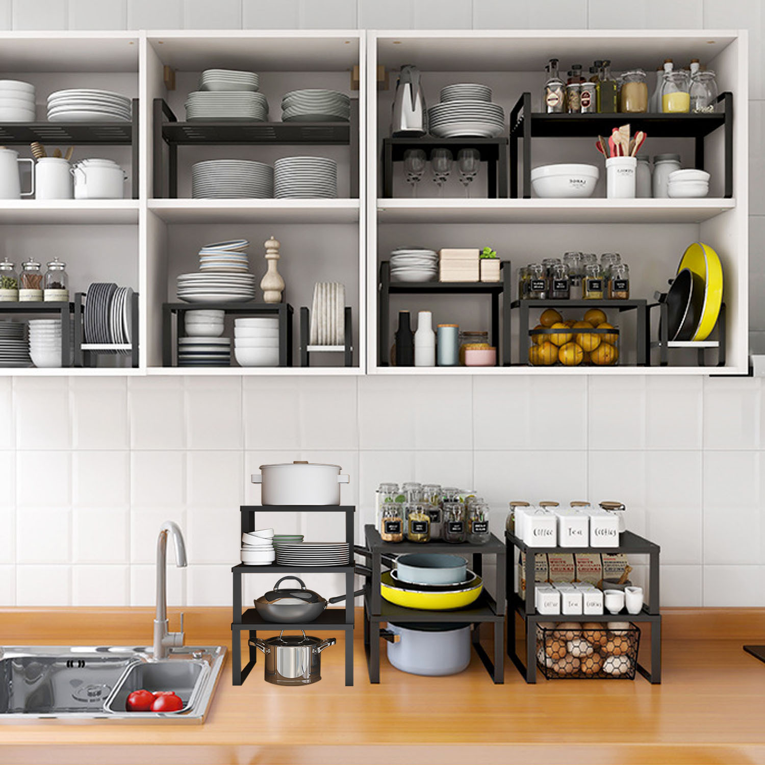 Cabinet Shelf Rack, Kitchen Riser Shelf Multi Function for Kitchen for Office for Bathroom Storage Rack