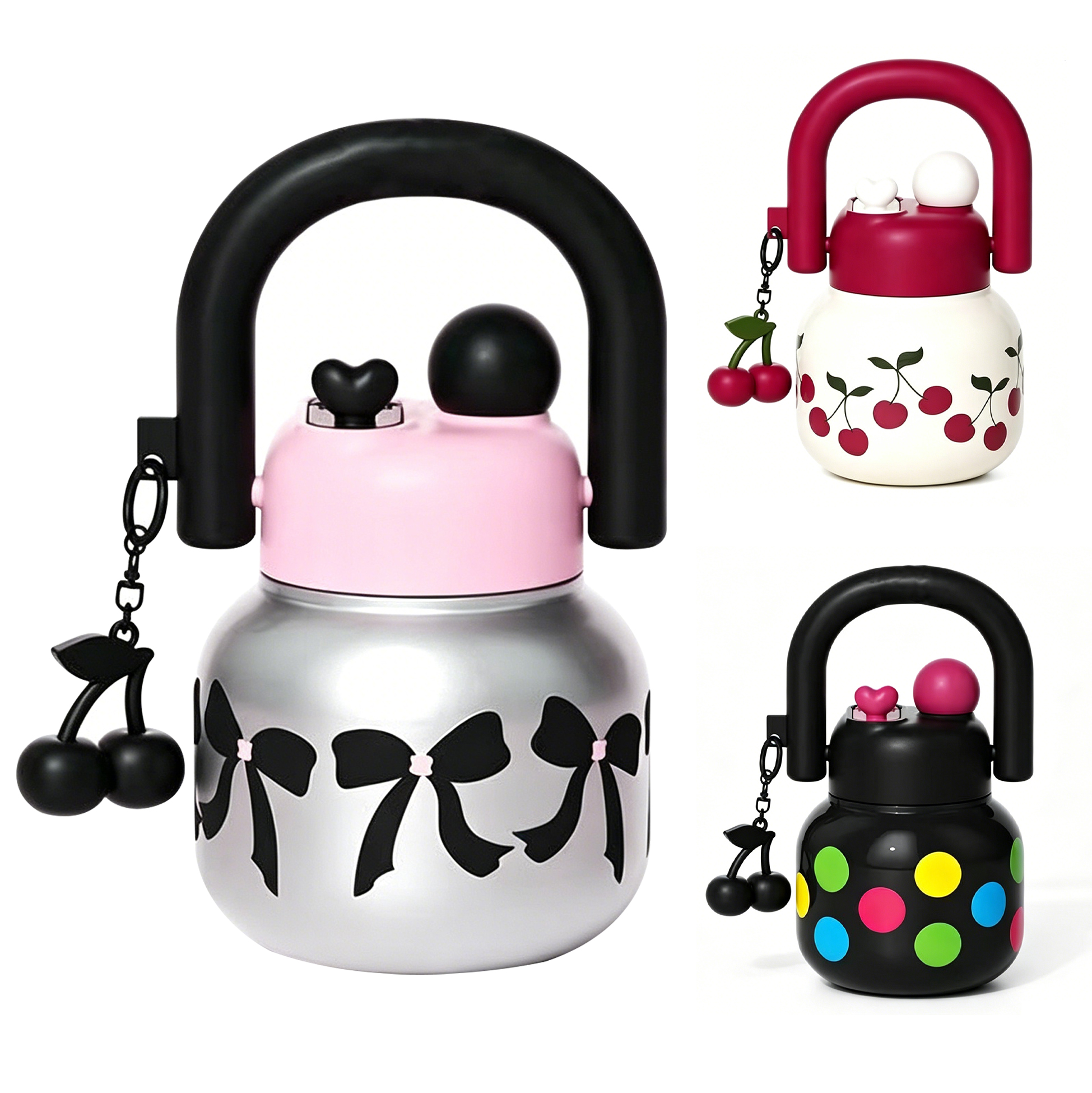 680ML Cute Insulated Water Bottle with Handle & Cherry Charm