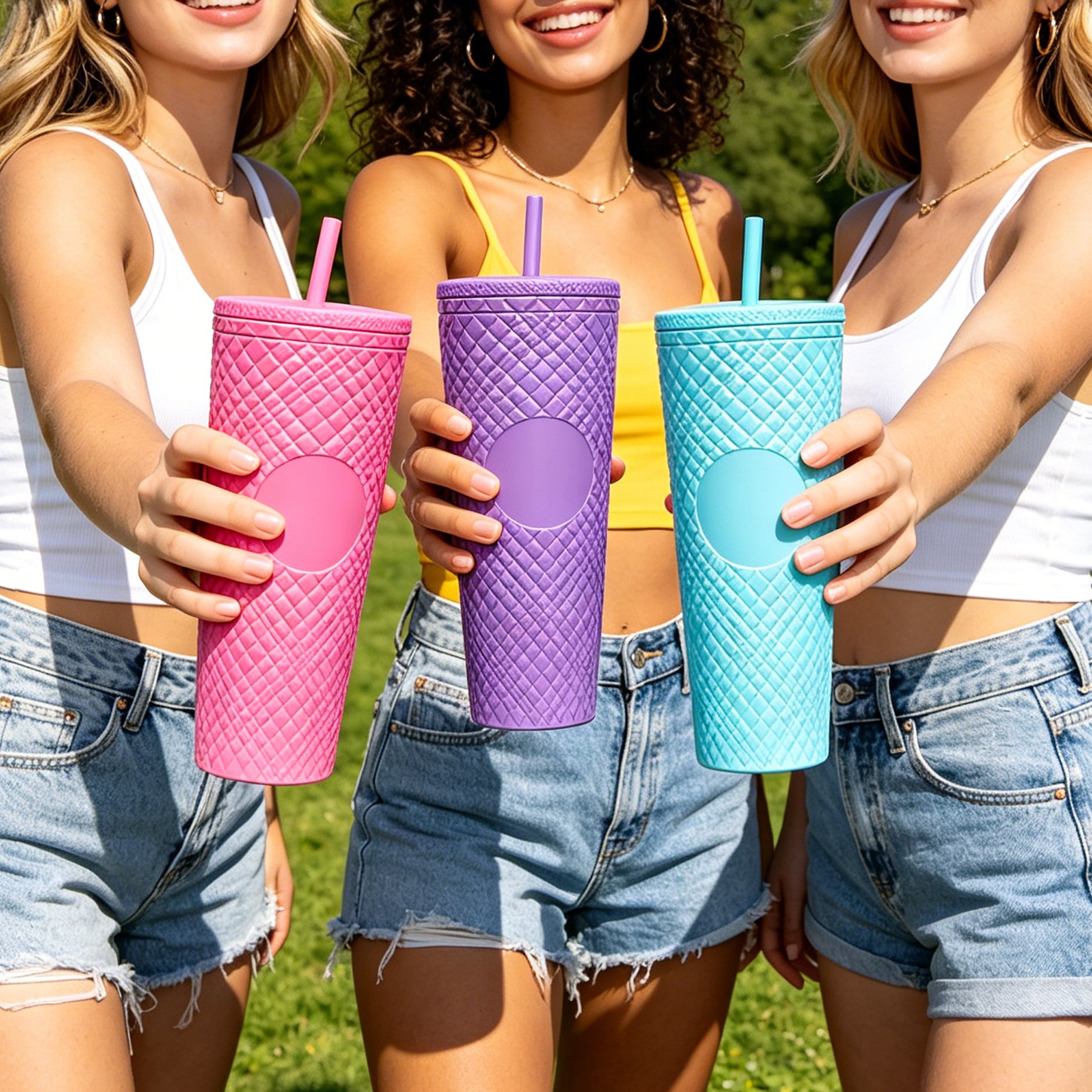 710ML Diamond Embossed Plastic Tumbler with Straw