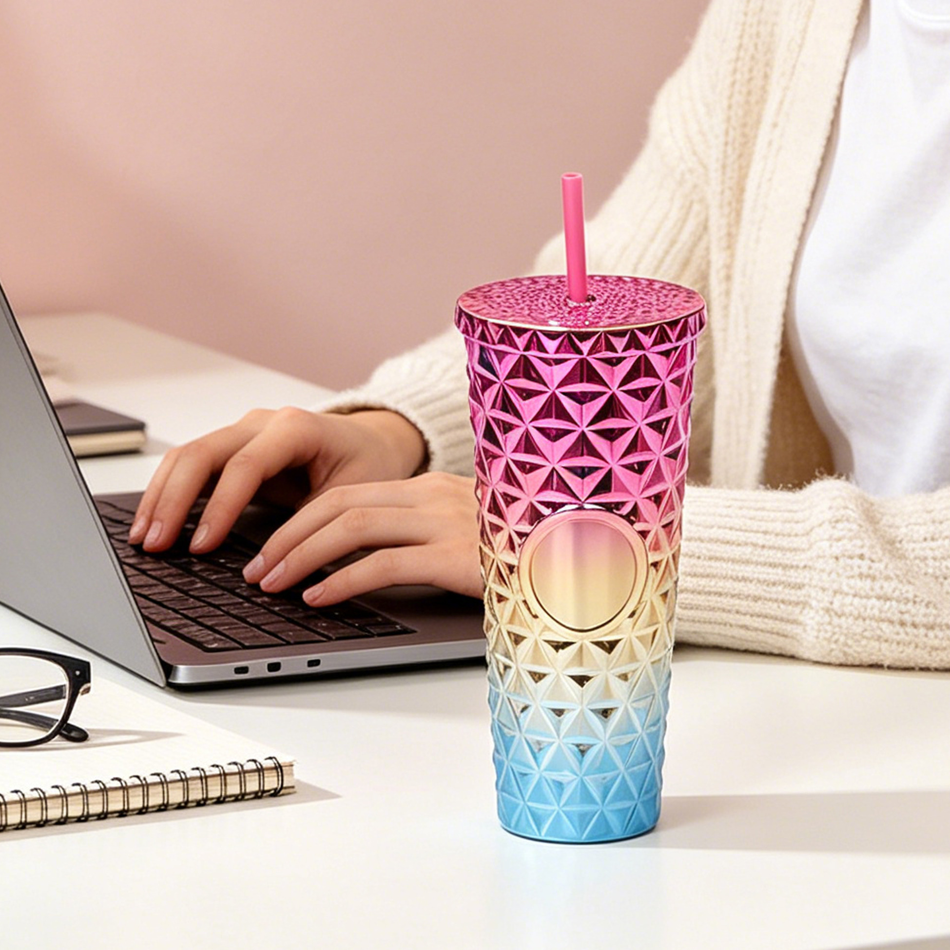 710ML Metallic Diamond Textured Tumbler with Straw
