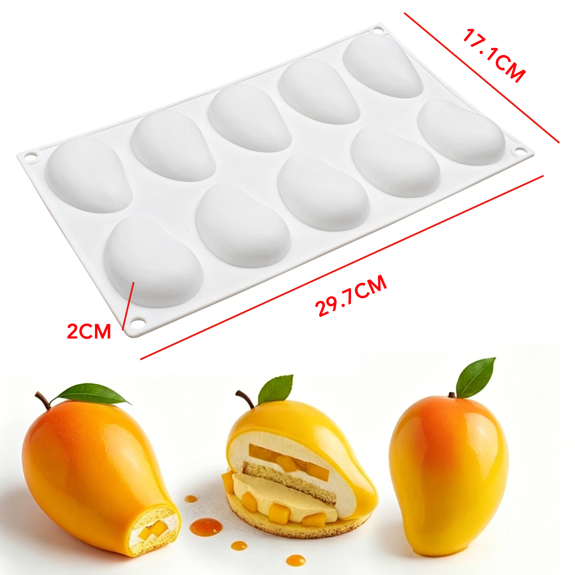 10 Cavity Mango Shaped Silicone Mold, Food Grade Nonstick Baking Tray
