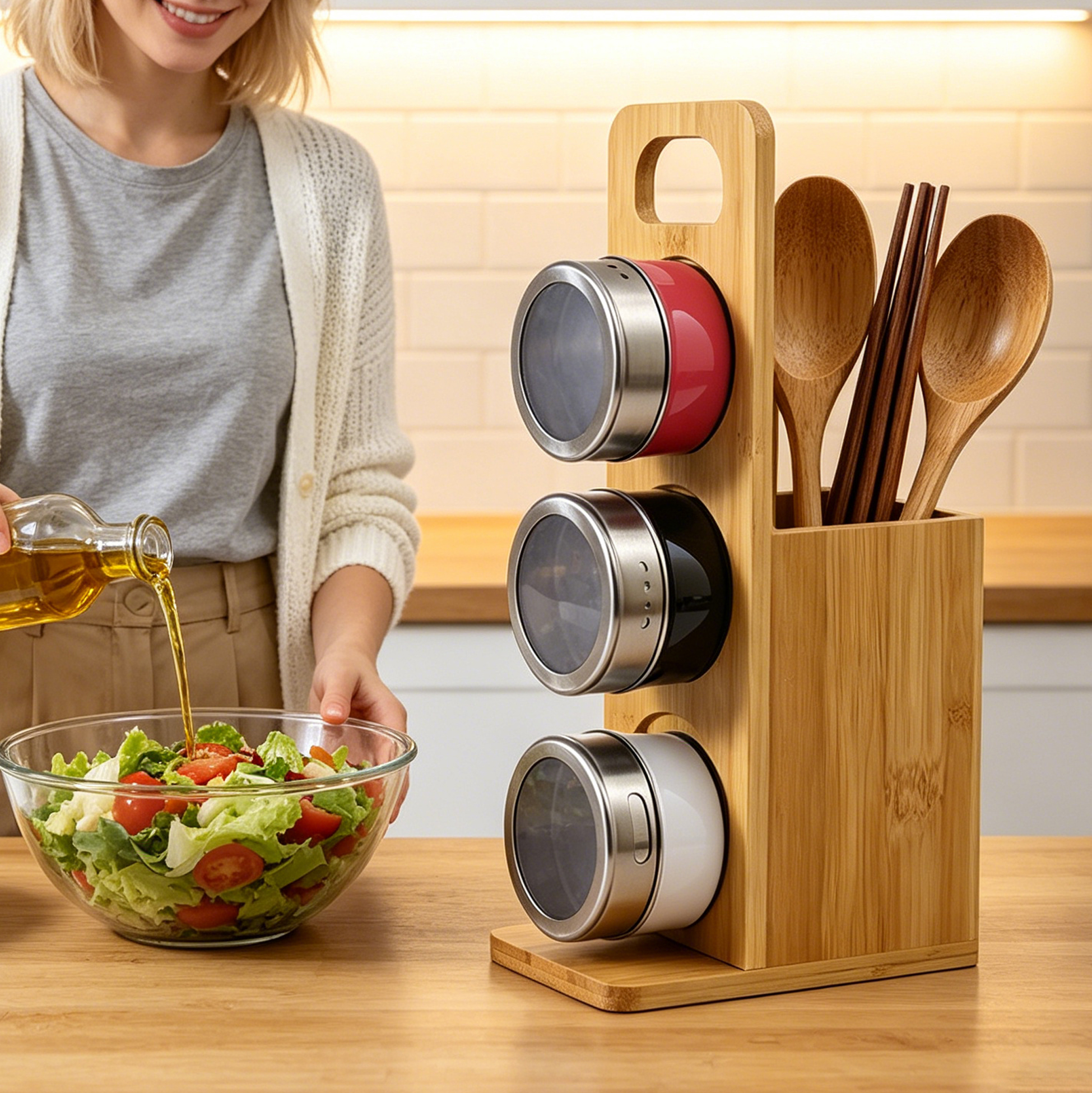 Bamboo Kitchen Utensil Holder with Magnetic Spice Jars, 2-in-1 Countertop Organizer
