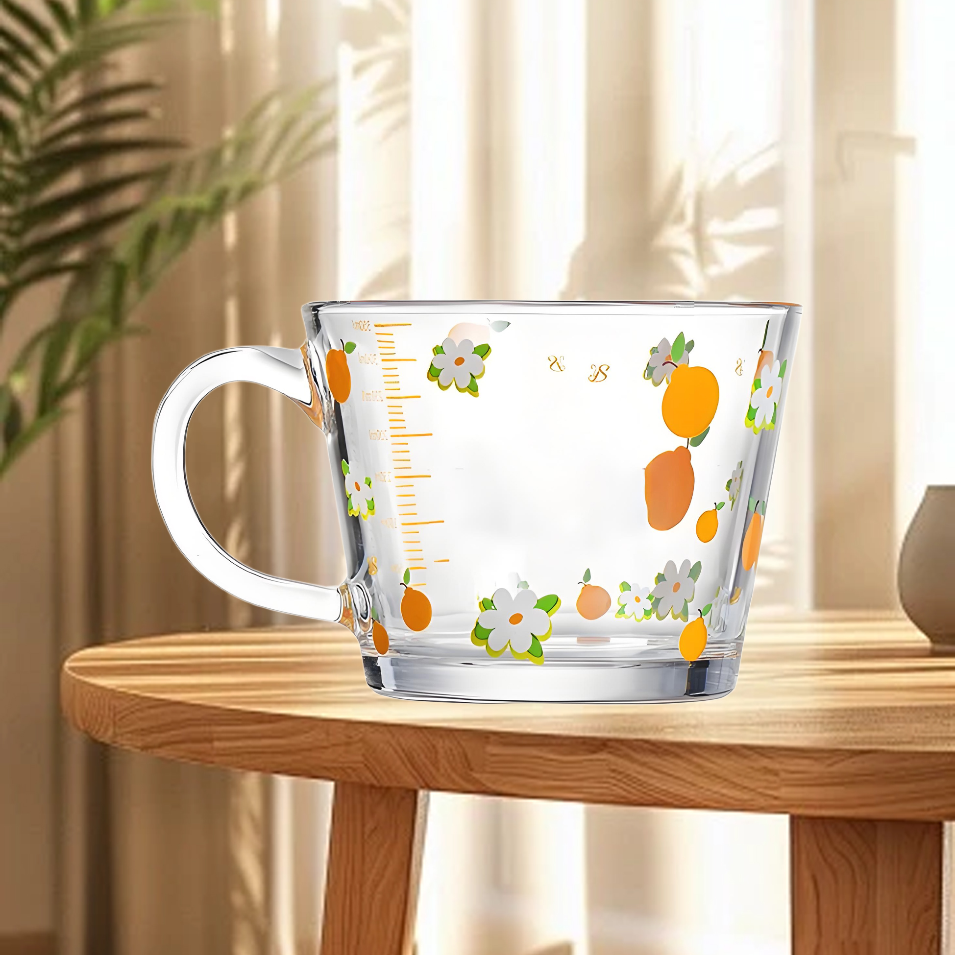 Orange Floral Pattern Measuring Glass Cup