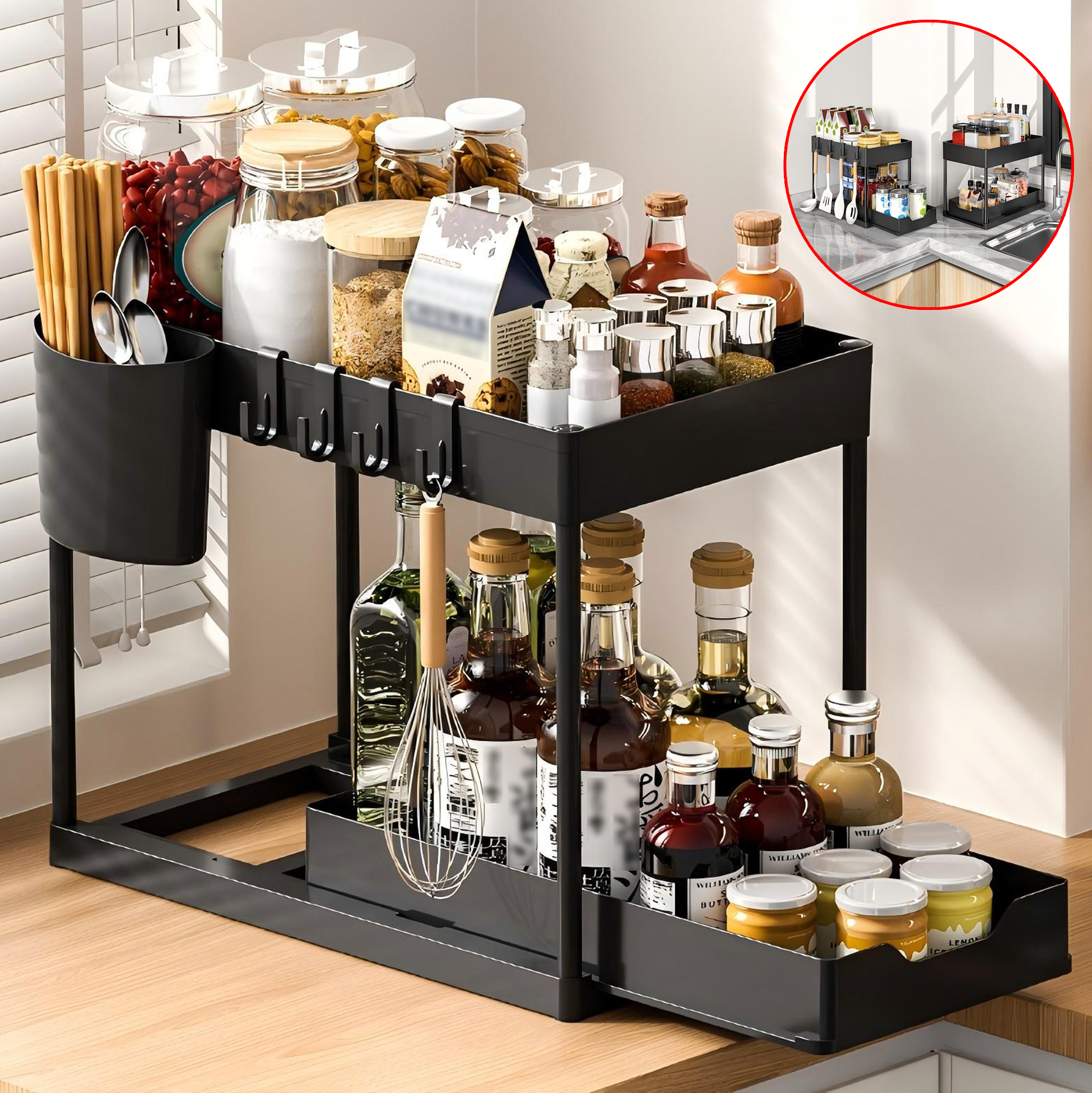 2 Tier Black Metal Kitchen Storage Organizer Rack