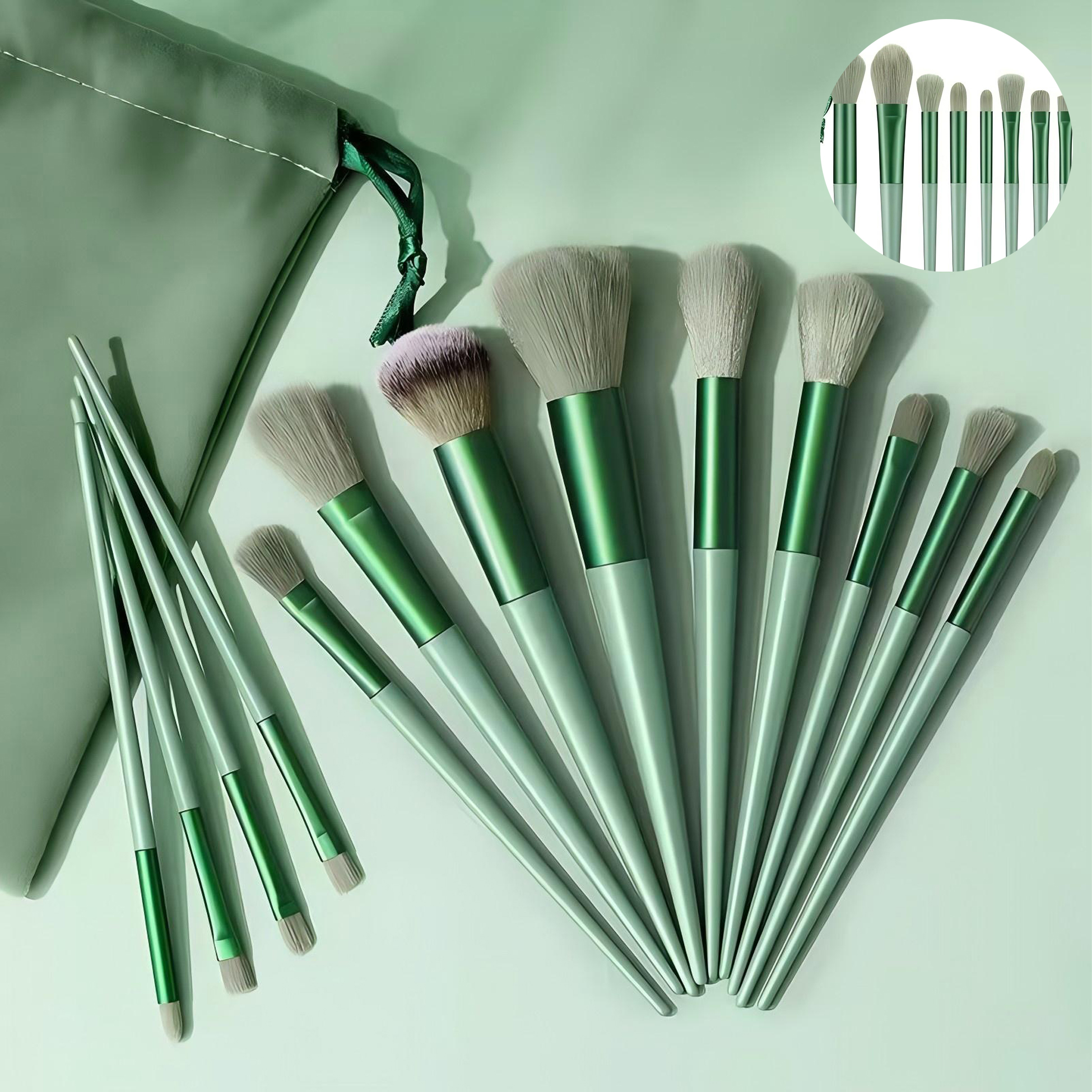 13 Piece Green Makeup Brush Set with Pouch