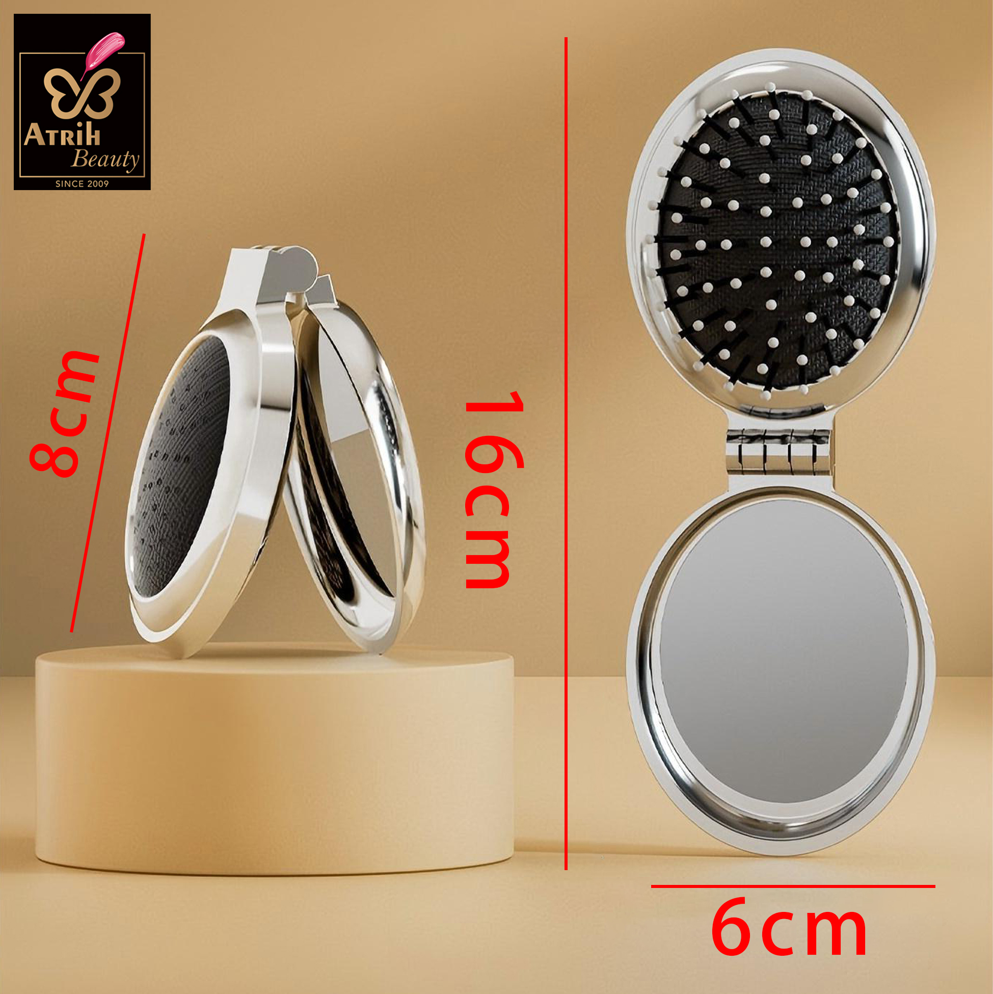 Oval Compact Mirror with Integrated Brush