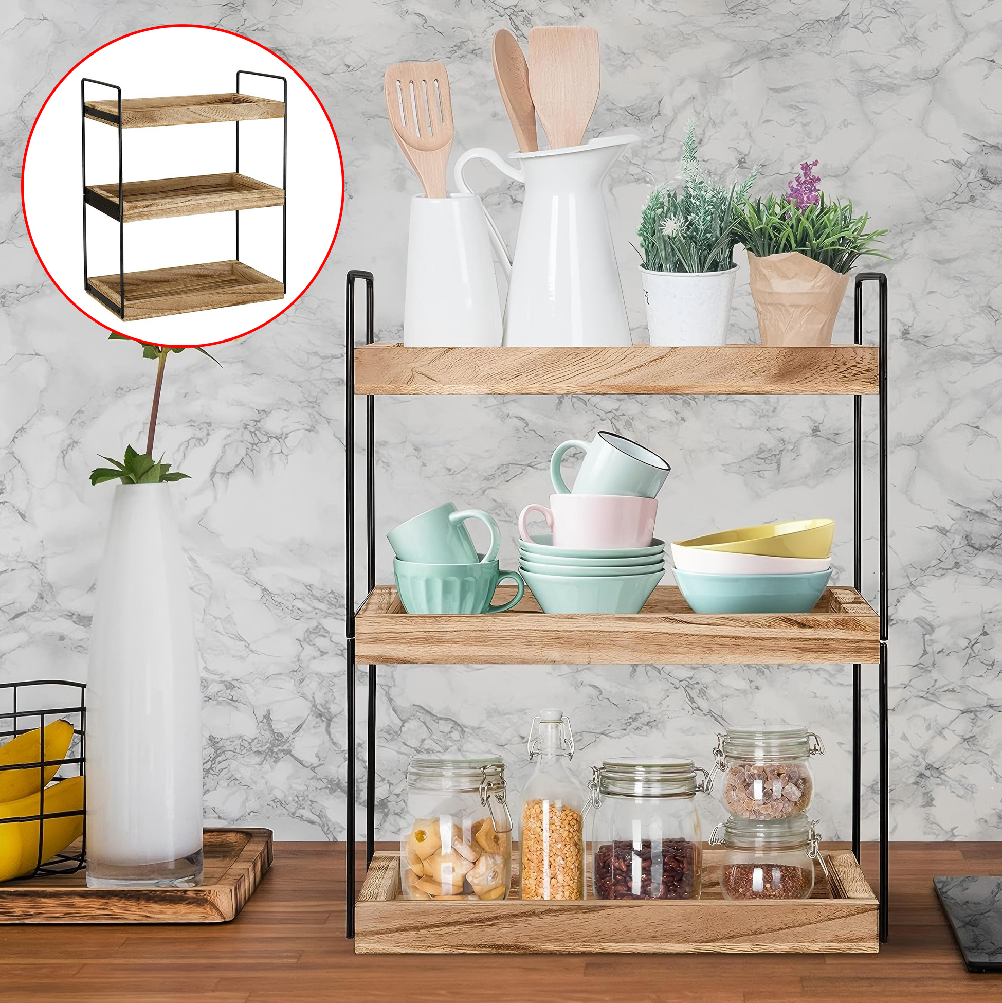 3 Tier Industrial Style Metal And Wood Bathroom Storage Shelf