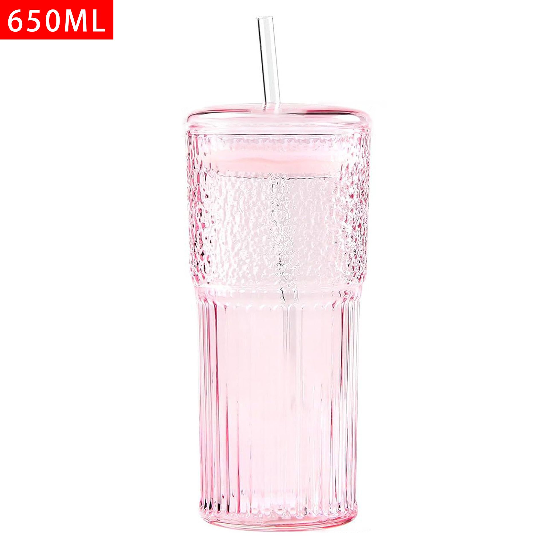 650ML Ribbed Glass Tumbler with Straw and Lid