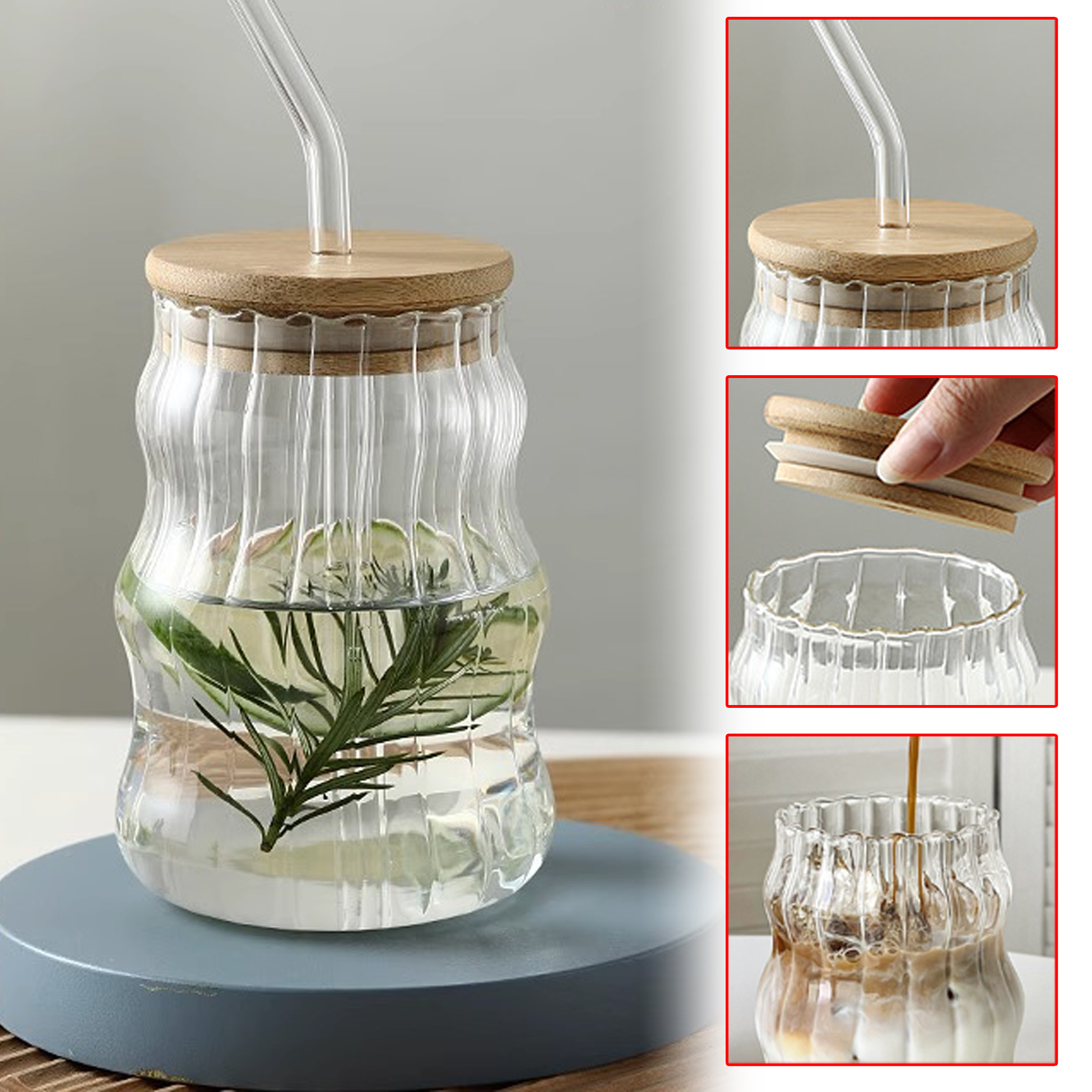 Wave - Design Glass Tumbler with Bamboo Lid and Straw