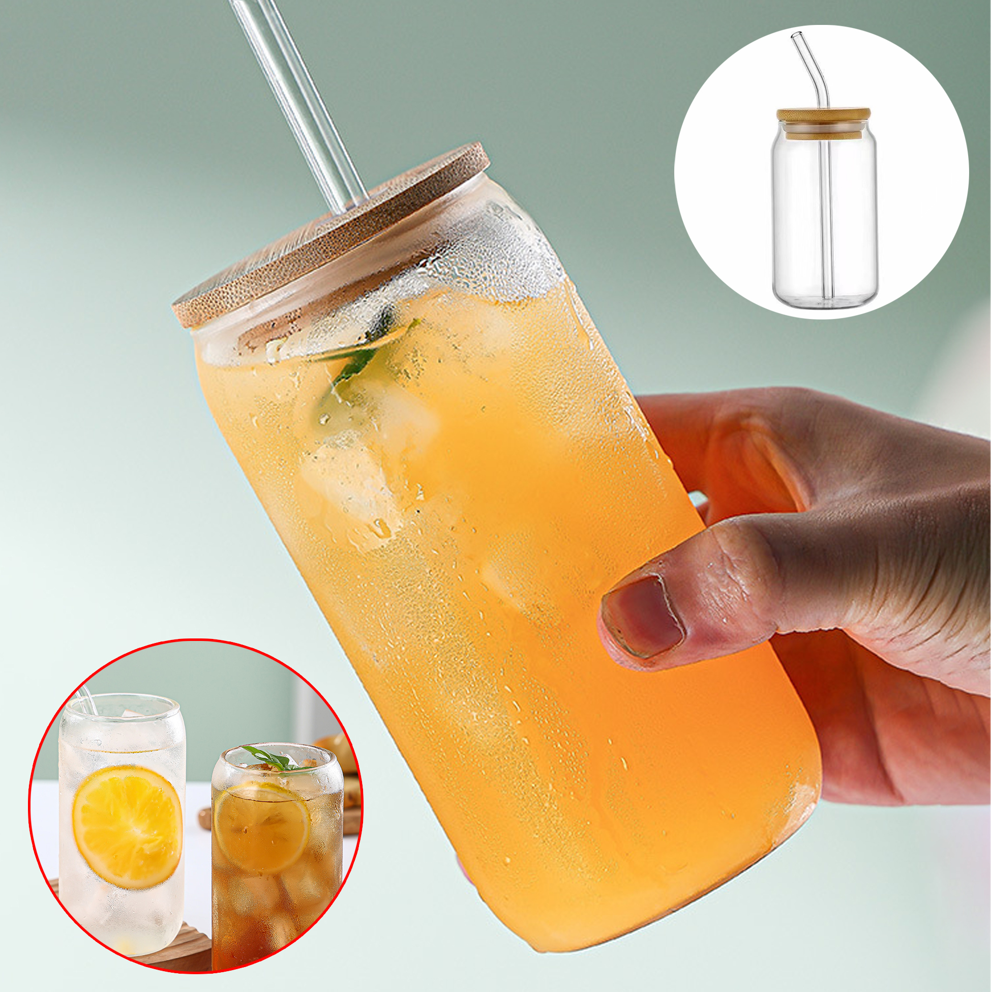 500ML Glass Drinking Cup with Bamboo Lid and Straw