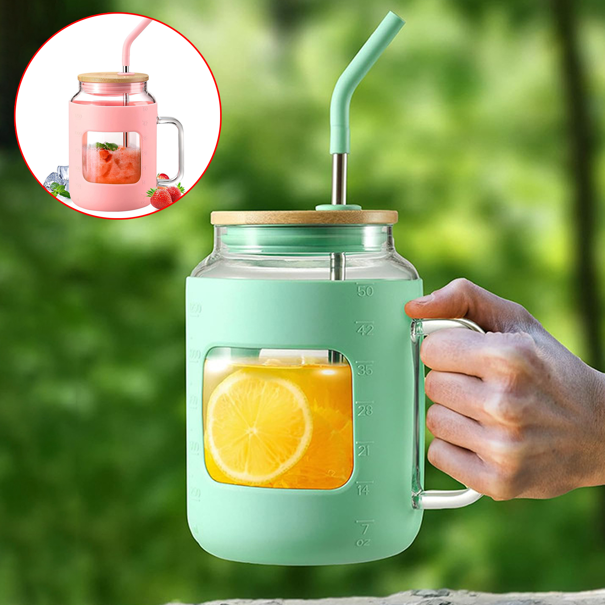 1200ML Glass Drinking Mug with Straw and Silicone Sleeve