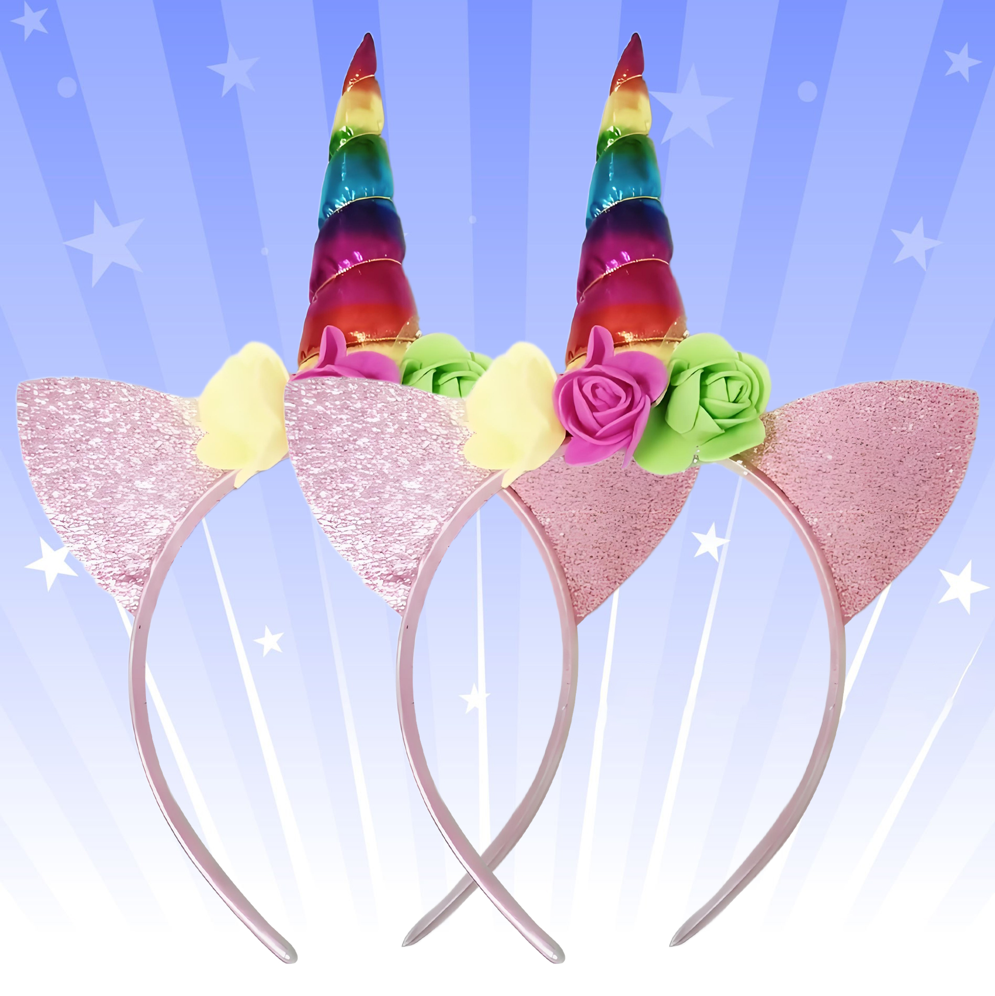 Rainbow Unicorn Headband with Glitter Ears and Flowers